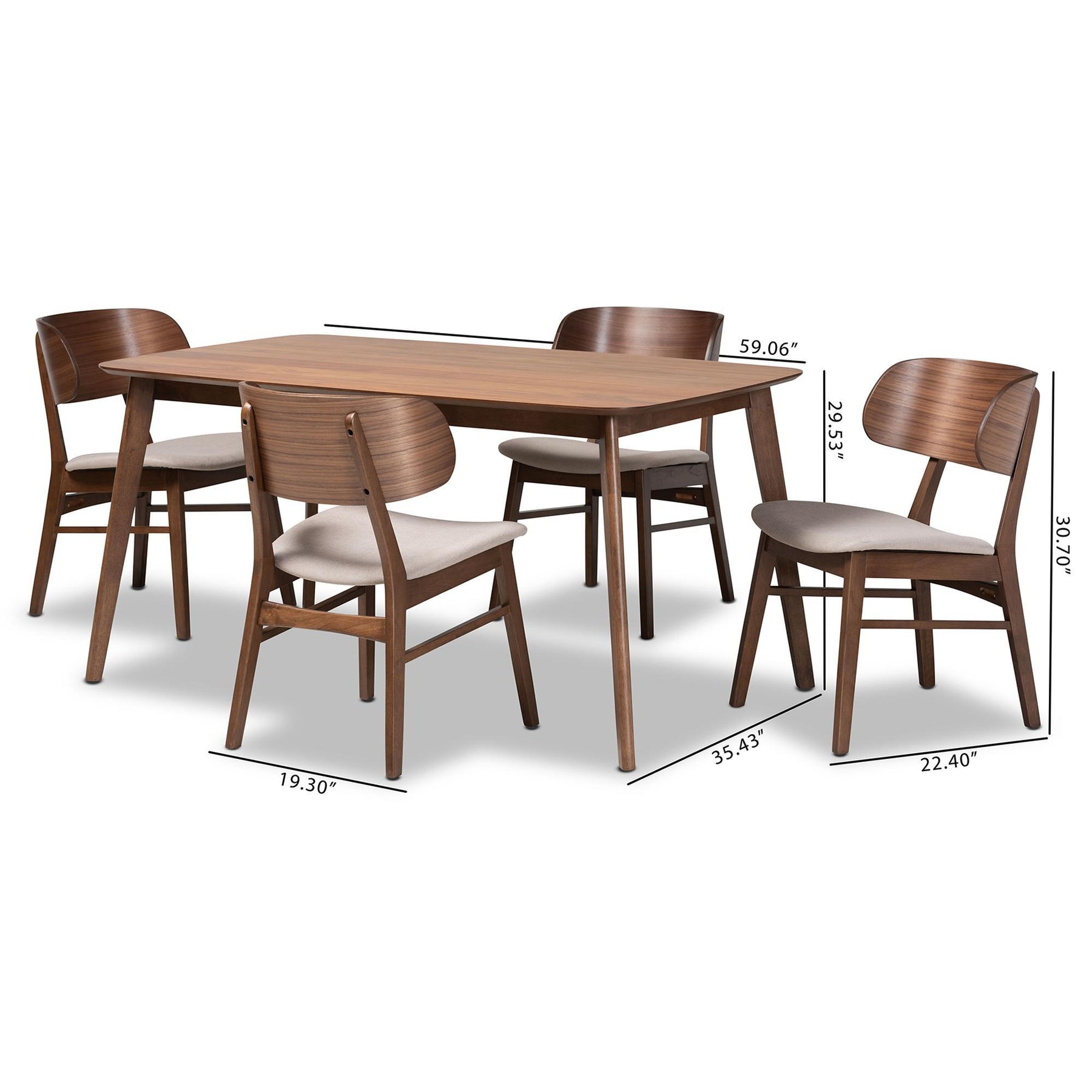 Baxton Studio Alston Mid-Century Modern Beige Fabric Upholstered And Walnut Brown Finished Wood 5-Piece Dining Set - WM1892B-Latte/Walnut-5PC Dining Set