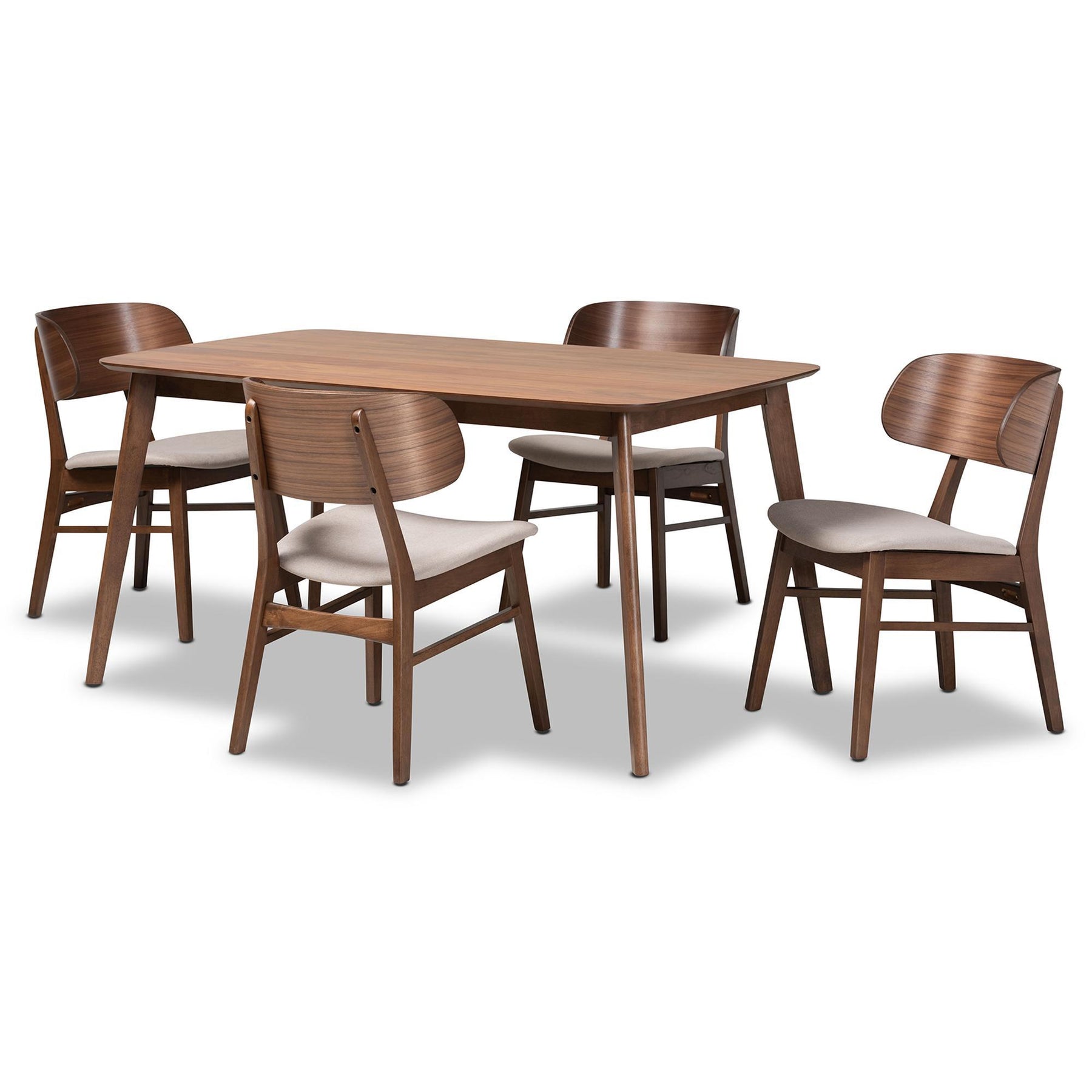 Baxton Studio Alston Mid-Century Modern Beige Fabric Upholstered And Walnut Brown Finished Wood 5-Piece Dining Set - WM1892B-Latte/Walnut-5PC Dining Set