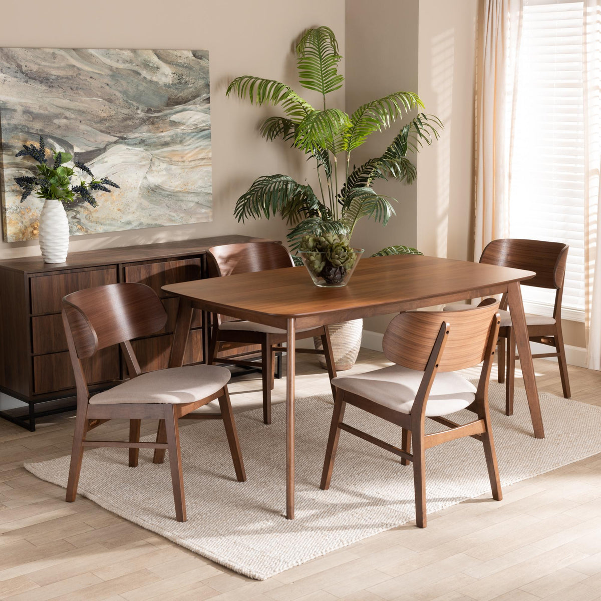 Baxton Studio Alston Mid-Century Modern Beige Fabric Upholstered And Walnut Brown Finished Wood 5-Piece Dining Set - WM1892B-Latte/Walnut-5PC Dining Set