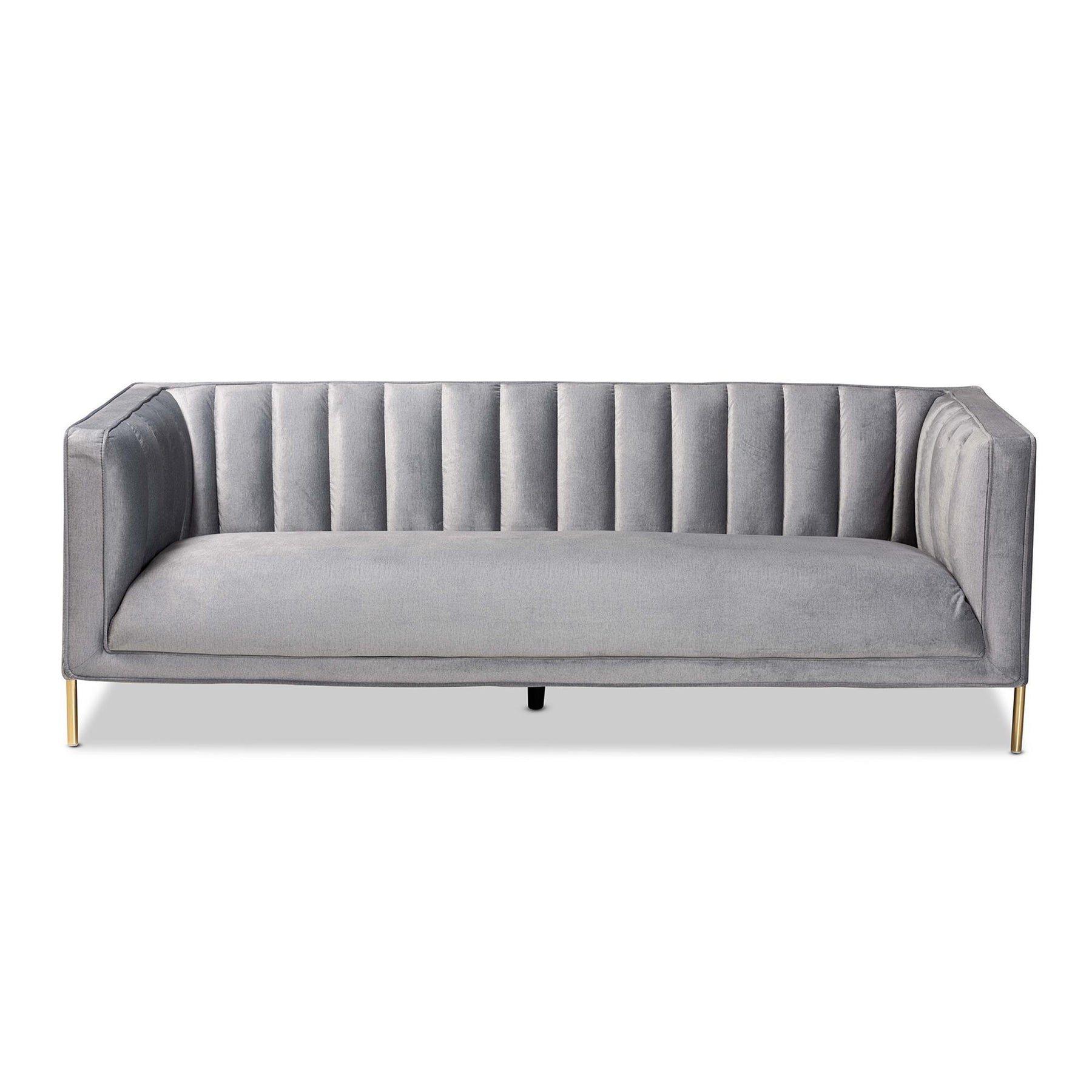 Baxton Studio Maia Contemporary Glam And Luxe Grey Velvet Fabric Upholstered And Gold Finished Metal Sofa - 5016D-Grey Velvet-Sofa