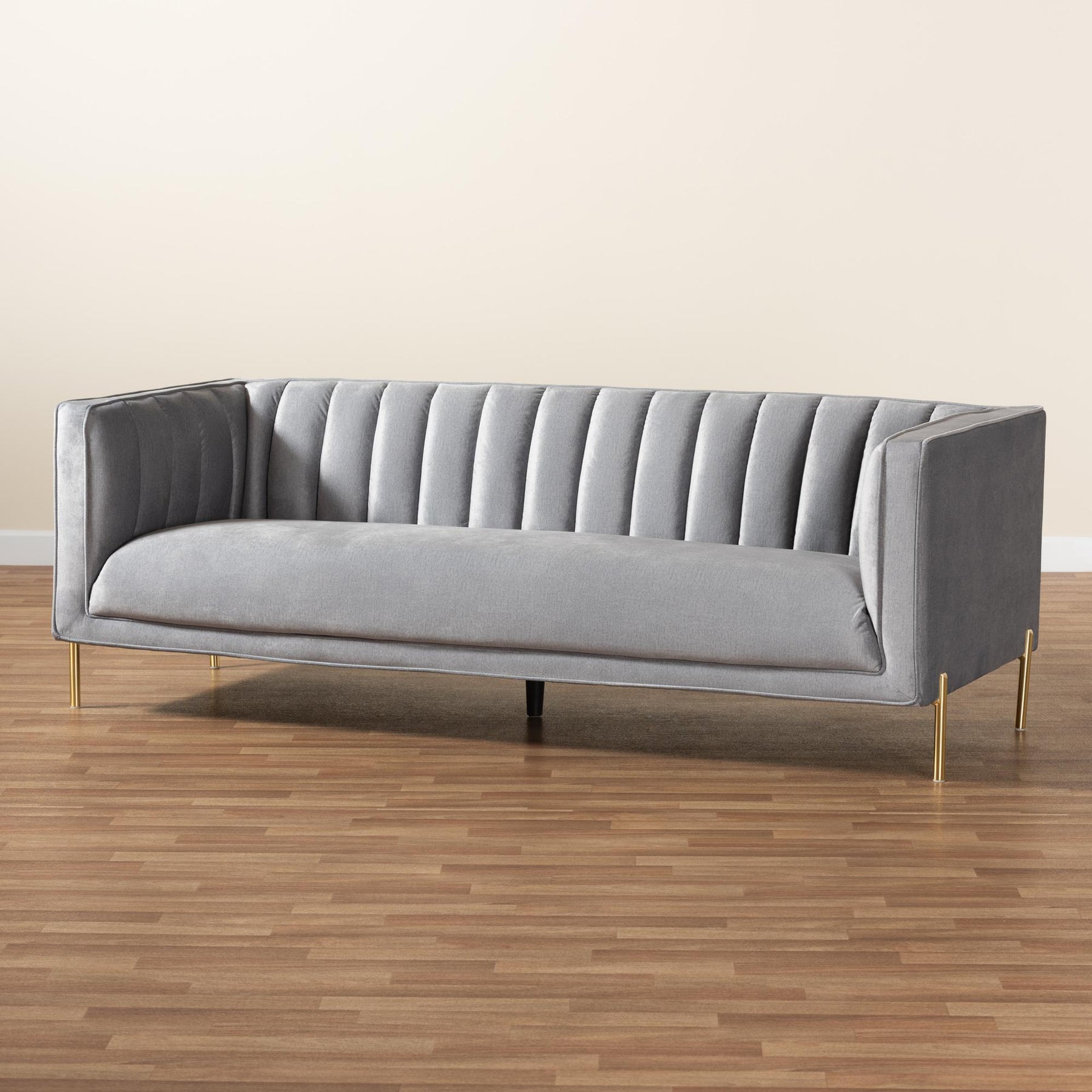 Baxton Studio Maia Contemporary Glam And Luxe Grey Velvet Fabric Upholstered And Gold Finished Metal Sofa - 5016D-Grey Velvet-Sofa