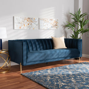 Baxton Studio Maia Contemporary Glam And Luxe Navy Blue Velvet Fabric Upholstered And Gold Finished Metal Sofa - 5016D-Navy Blue Velvet-Sofa