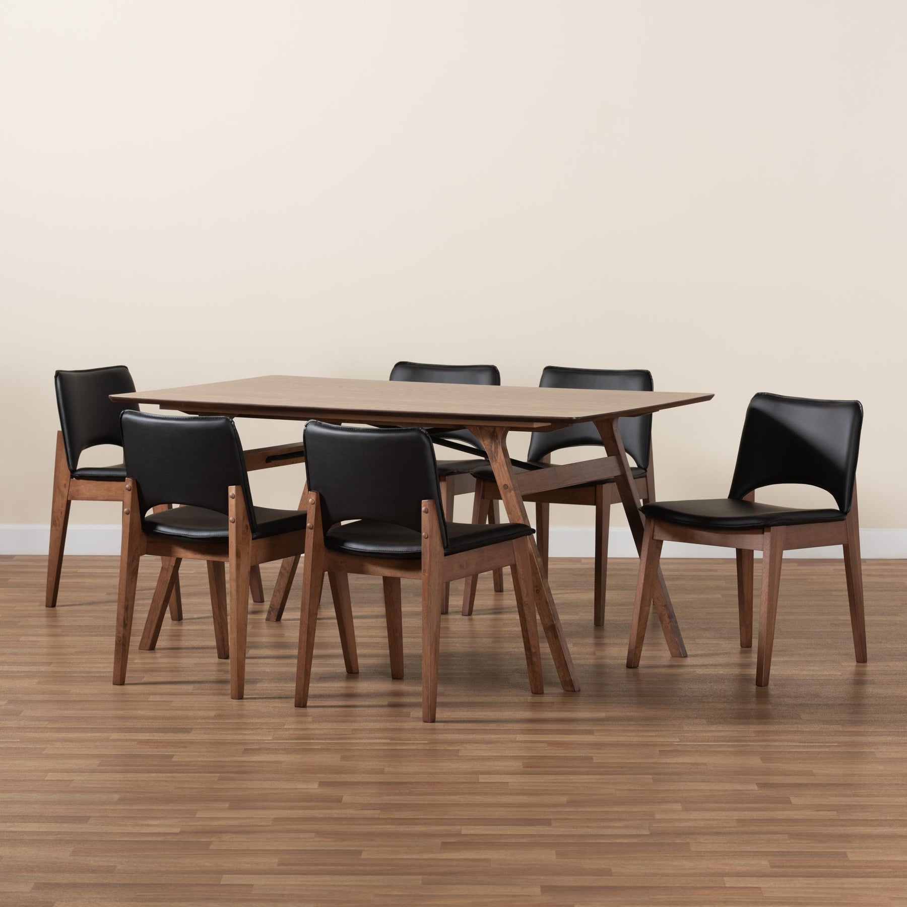 Baxton Studio Afton Mid-Century Modern Black Faux Leather Upholstered And Walnut Brown Finished Wood 7-Piece Dining Set - RDC827-Black/Walnut-7PC Dining Set