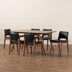 Baxton Studio Afton Mid-Century Modern Black Faux Leather Upholstered And Walnut Brown Finished Wood 7-Piece Dining Set - RDC827-Black/Walnut-7PC Dining Set