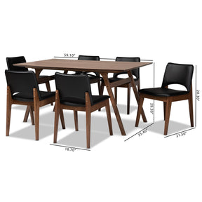 Baxton Studio Afton Mid-Century Modern Black Faux Leather Upholstered And Walnut Brown Finished Wood 7-Piece Dining Set - RDC827-Black/Walnut-7PC Dining Set