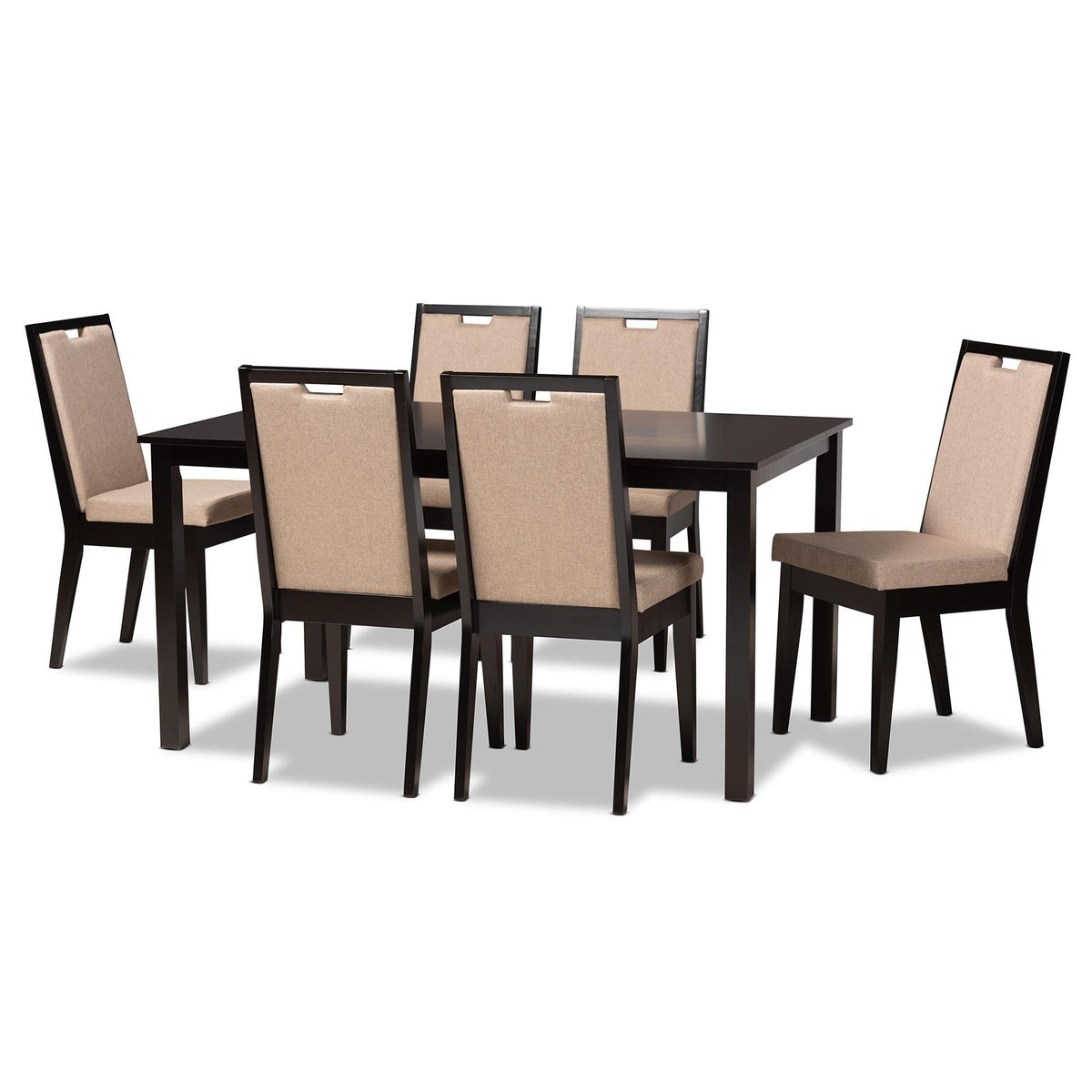 Baxton Studio Rosa Modern And Contemporary Sand Fabric Upholstered And Dark Brown Finished Wood 7-Piece Dining Set - Rosa-Sand/Dark Brown-7PC Dining Set