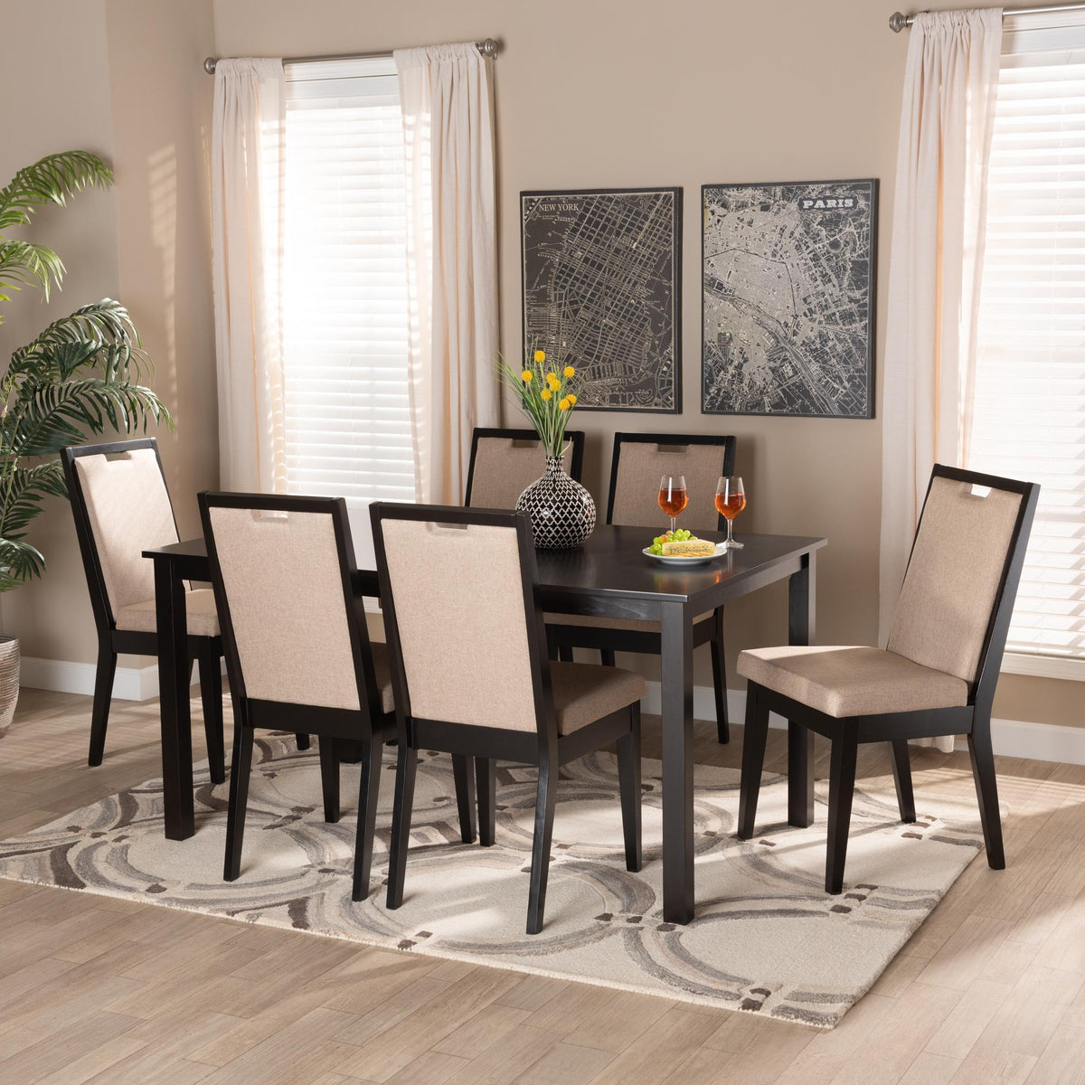 Baxton Studio Rosa Modern And Contemporary Sand Fabric Upholstered And Dark Brown Finished Wood 7-Piece Dining Set - Rosa-Sand/Dark Brown-7PC Dining Set