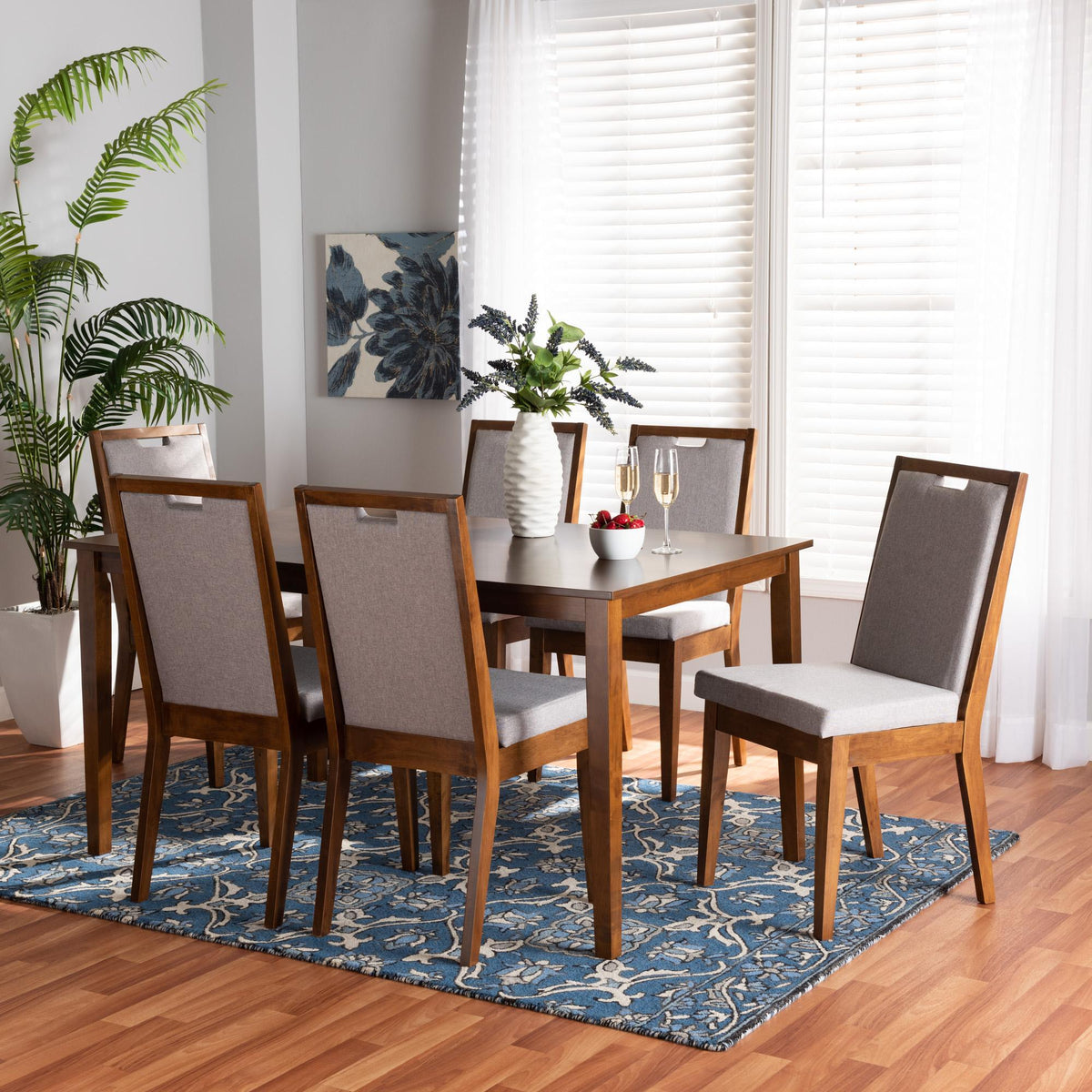 Baxton Studio Rosa Modern And Contemporary Grey Fabric Upholstered And Walnut Brown Finished Wood 7-Piece Dining Set - Rosa-Grey/Walnut-7PC Dining Set