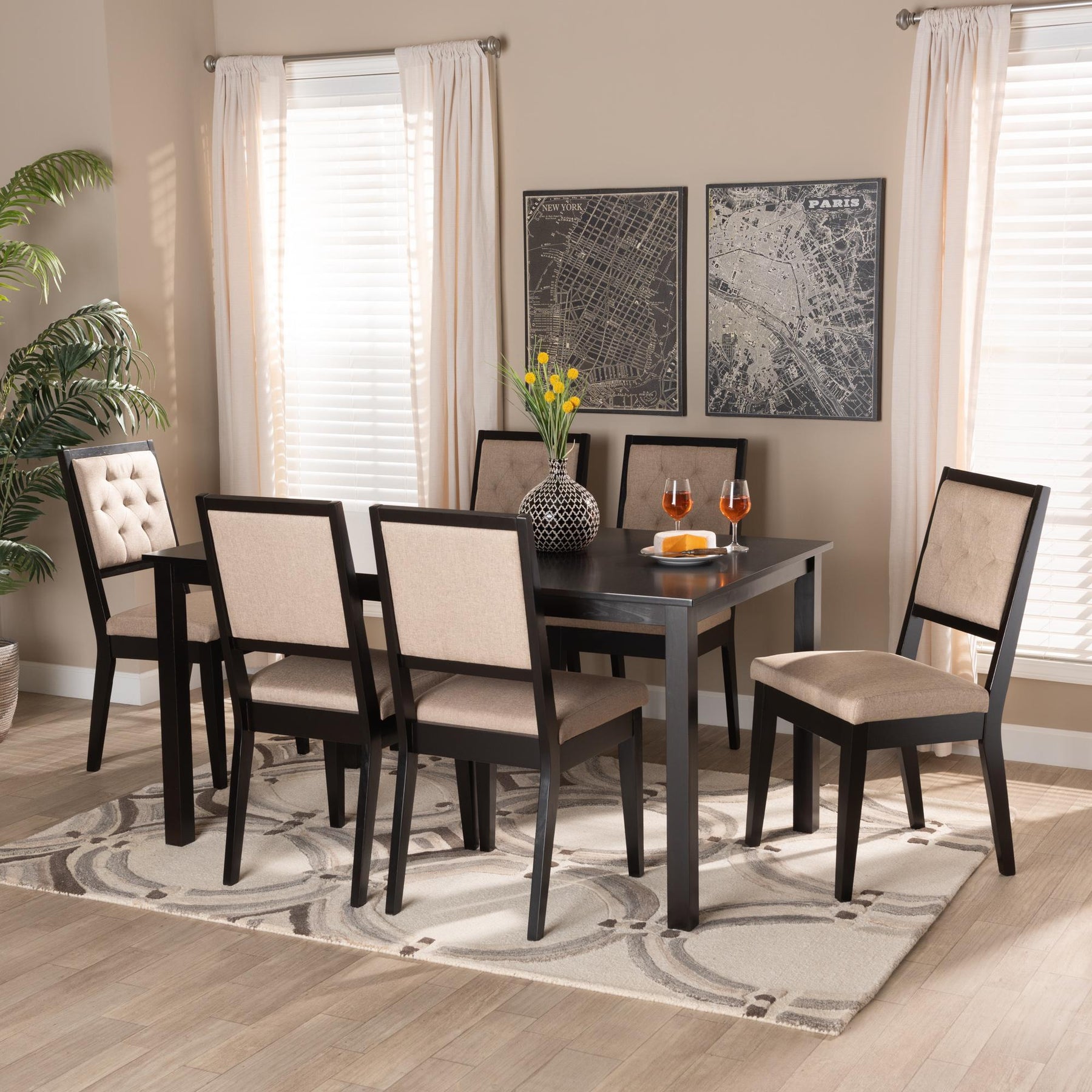 Baxton Studio Suvi Modern And Contemporary Sand Fabric Upholstered And Dark Brown Finished Wood 7-Piece Dining Set - Suvi-Sand/Dark Brown-7PC Dining Set