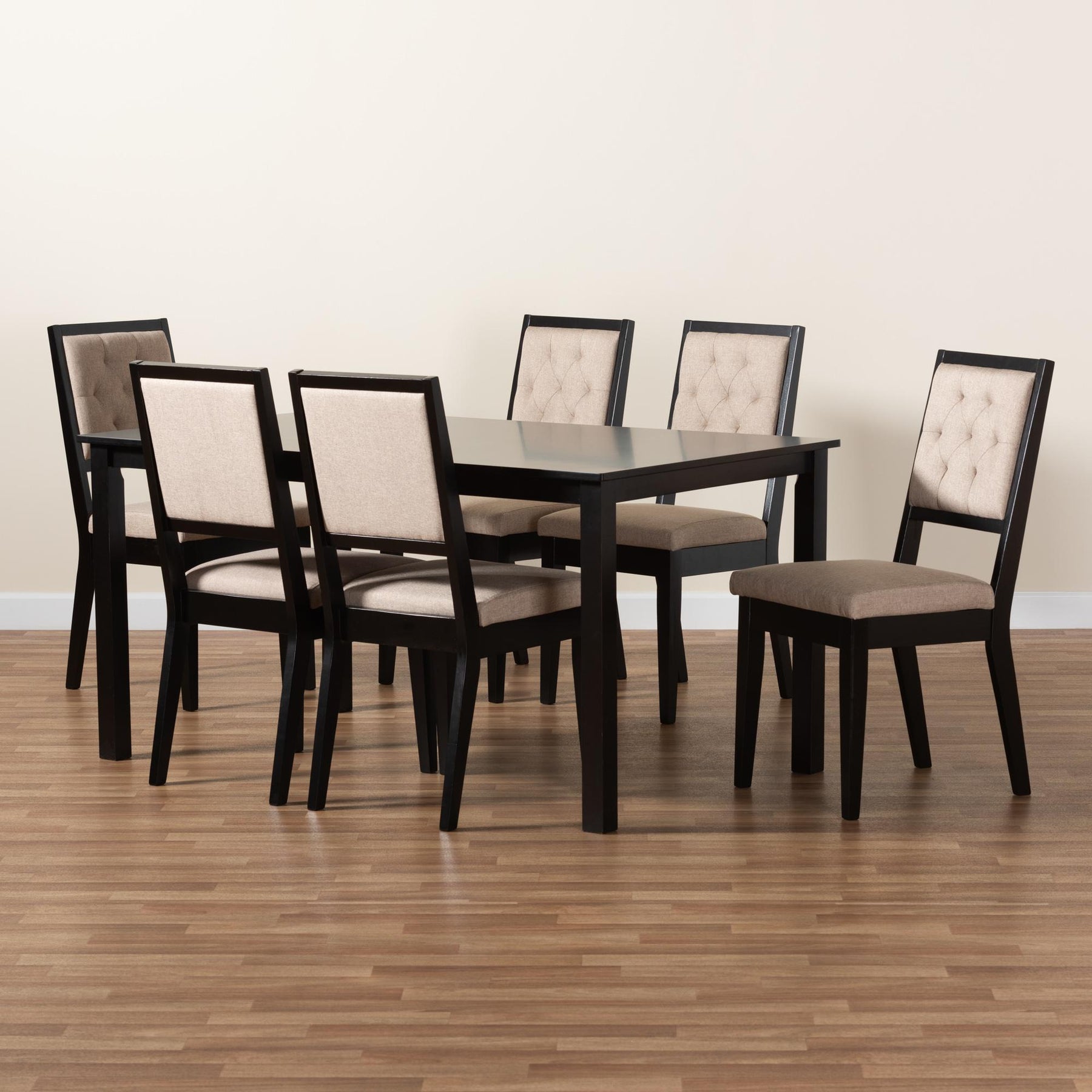 Baxton Studio Suvi Modern And Contemporary Sand Fabric Upholstered And Dark Brown Finished Wood 7-Piece Dining Set - Suvi-Sand/Dark Brown-7PC Dining Set