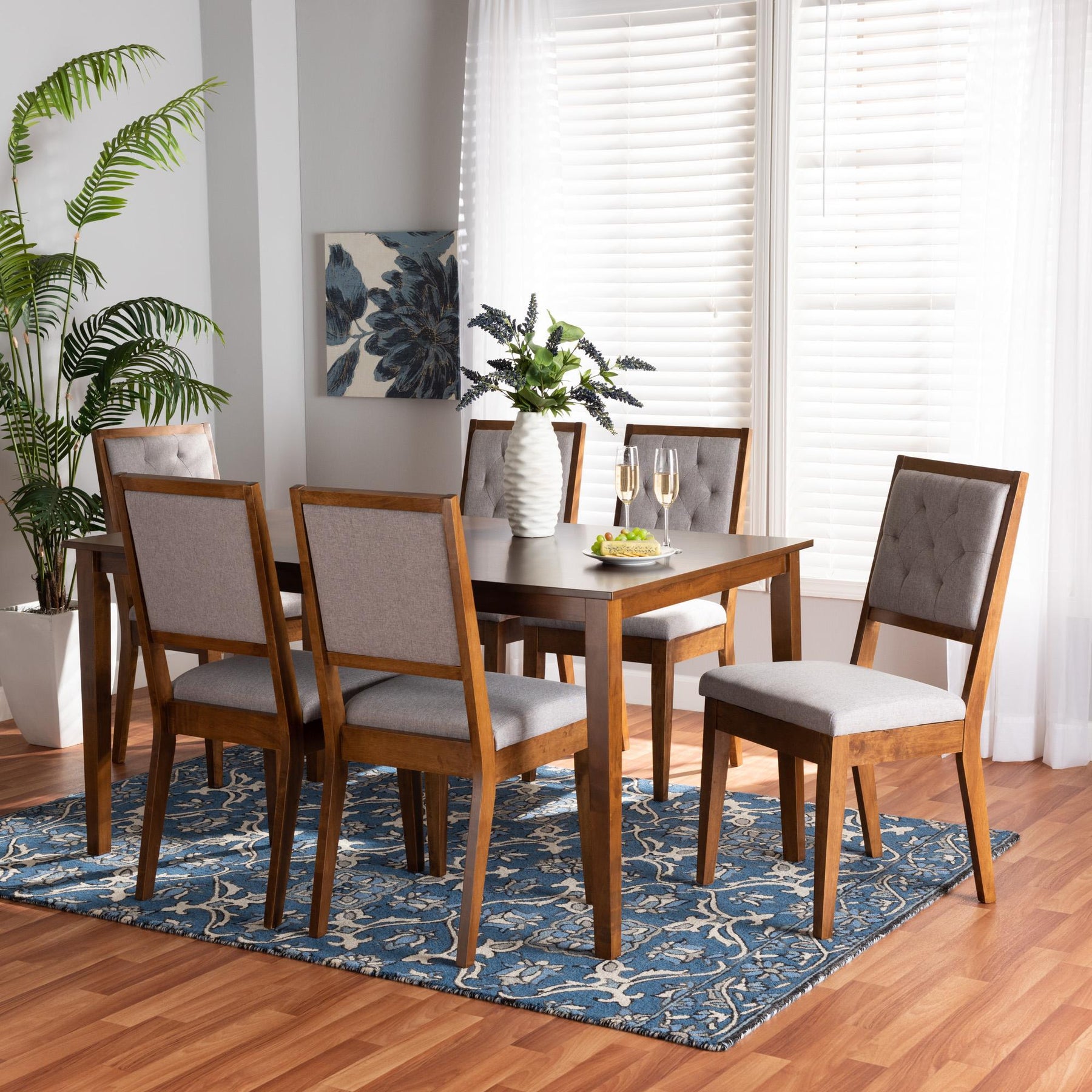 Baxton Studio Suvi Modern And Contemporary Grey Fabric Upholstered And Walnut Brown Finished Wood 7-Piece Dining Set - Suvi-Grey/Walnut-7PC Dining Set