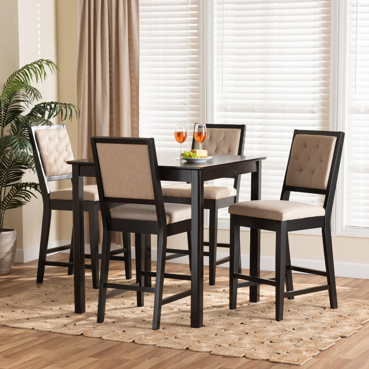 Baxton Studio Gideon Modern And Contemporary Sand Fabric Upholstered And Dark Brown Finished Wood 5-Piece Pub Set - RH2083P-Sand/Dark Brown-5PC Pub Set