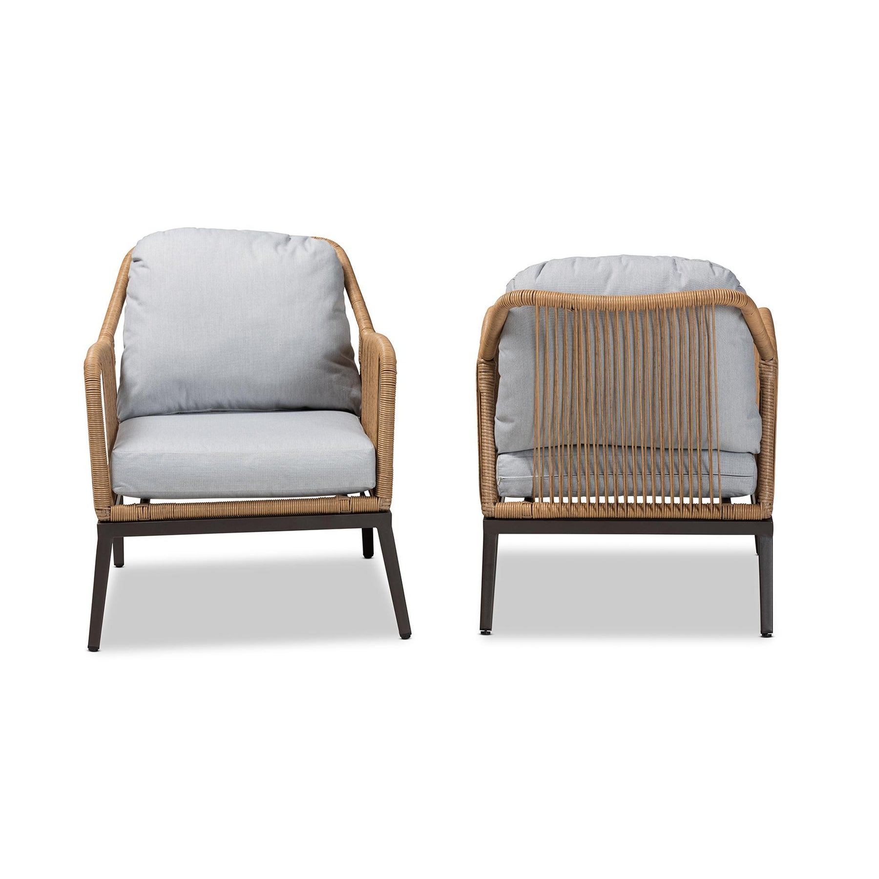 Baxton Studio Endecott Modern And Contemporary Grey Fabric Upholstered And Brown Synthetic Rattan 2-Piece Patio Chair Set - FY-0008-Faux Rattan Tan-Chair