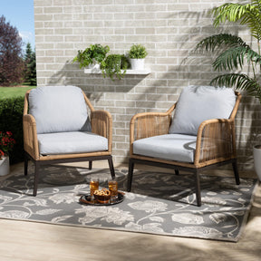 Baxton Studio Endecott Modern And Contemporary Grey Fabric Upholstered And Brown Synthetic Rattan 2-Piece Patio Chair Set - FY-0008-Faux Rattan Tan-Chair