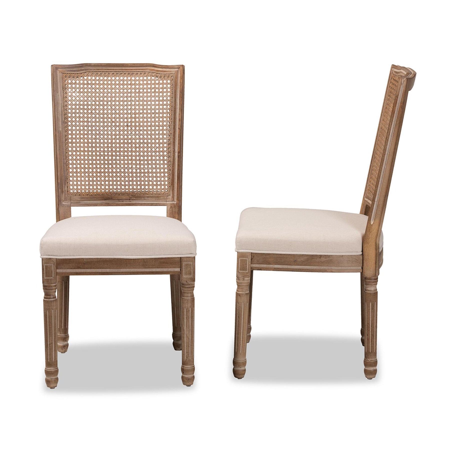 Baxton Studio Louane Traditional French Inspired Beige Fabric Upholstered And Antique Brown Finished Wood 2-Piece Dining Chair Set With Rattan - W-LOUIS-R-06-Antique/Rattan-Chair