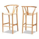 Baxton Studio Paxton Modern And Contemporary Natural Brown Finished Wood 2-Piece Bar Stool Set - Y-BAR-N-Natural/Rope-Wishbone-Stool