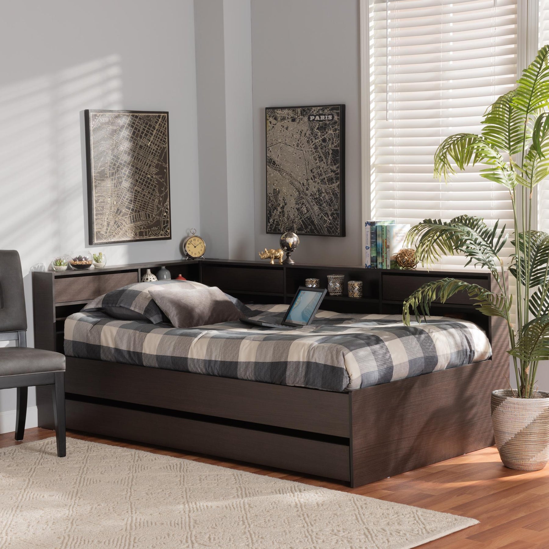 Baxton Studio Faraday Modern And Contemporary Dark Brown Finished Wood Twin Size Platform Storage Corner Bed - SEBED1302718-Modi Wenge-Twin