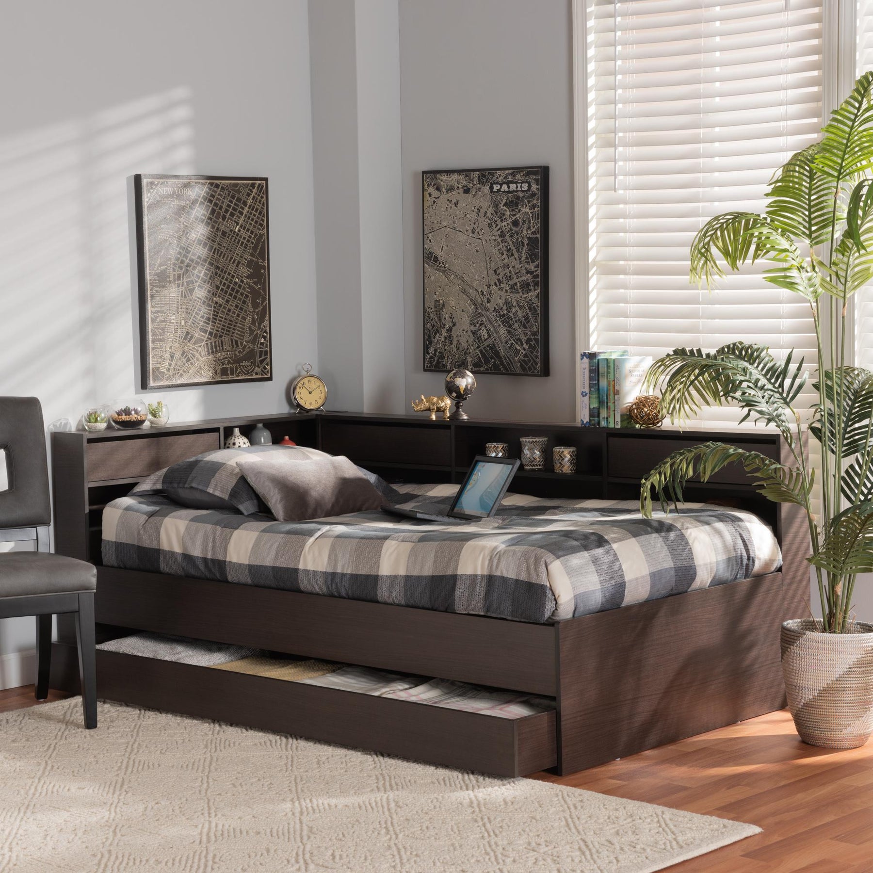 Baxton Studio Faraday Modern And Contemporary Dark Brown Finished Wood Twin Size Platform Storage Corner Bed - SEBED1302718-Modi Wenge-Twin