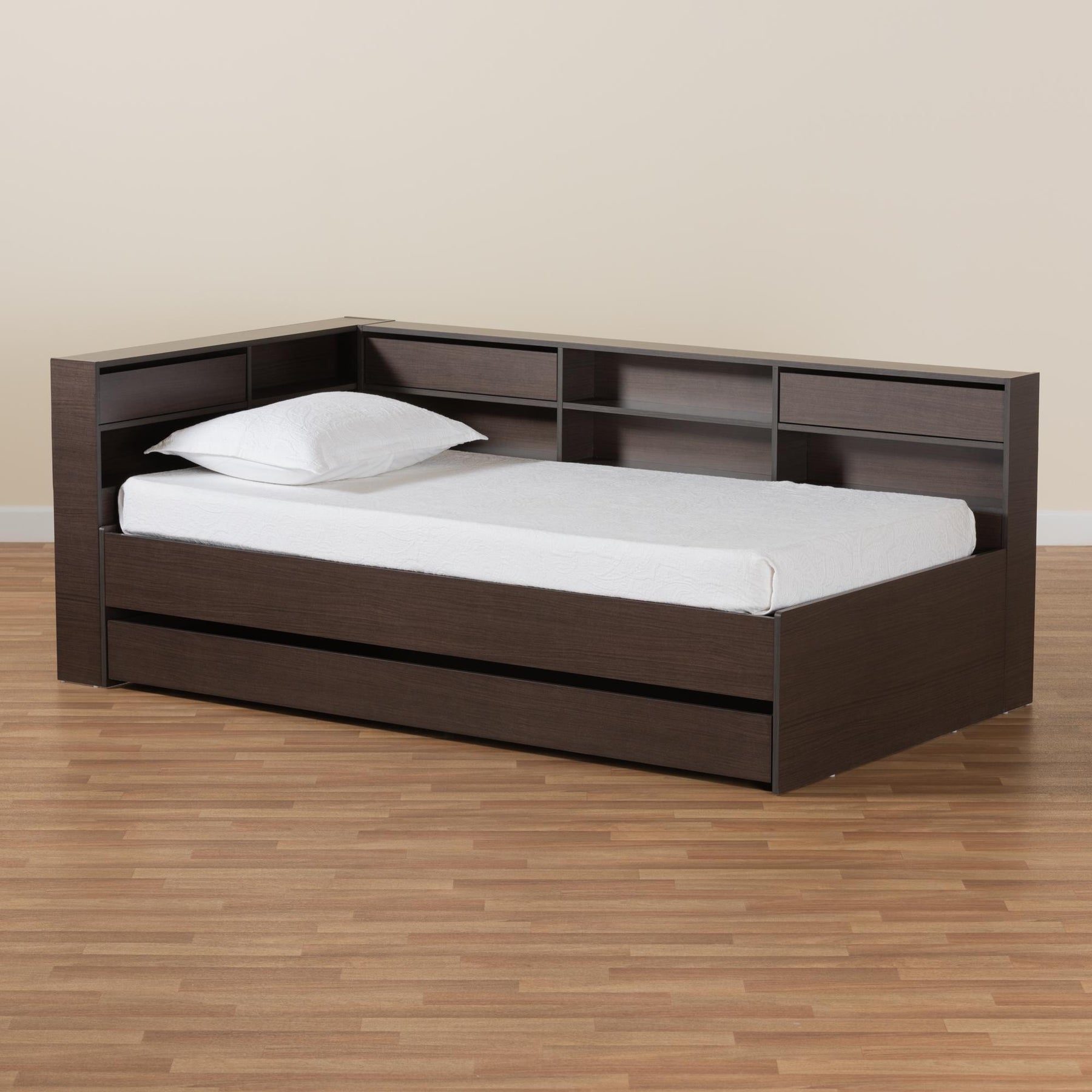 Baxton Studio Faraday Modern And Contemporary Dark Brown Finished Wood Twin Size Platform Storage Corner Bed - SEBED1302718-Modi Wenge-Twin