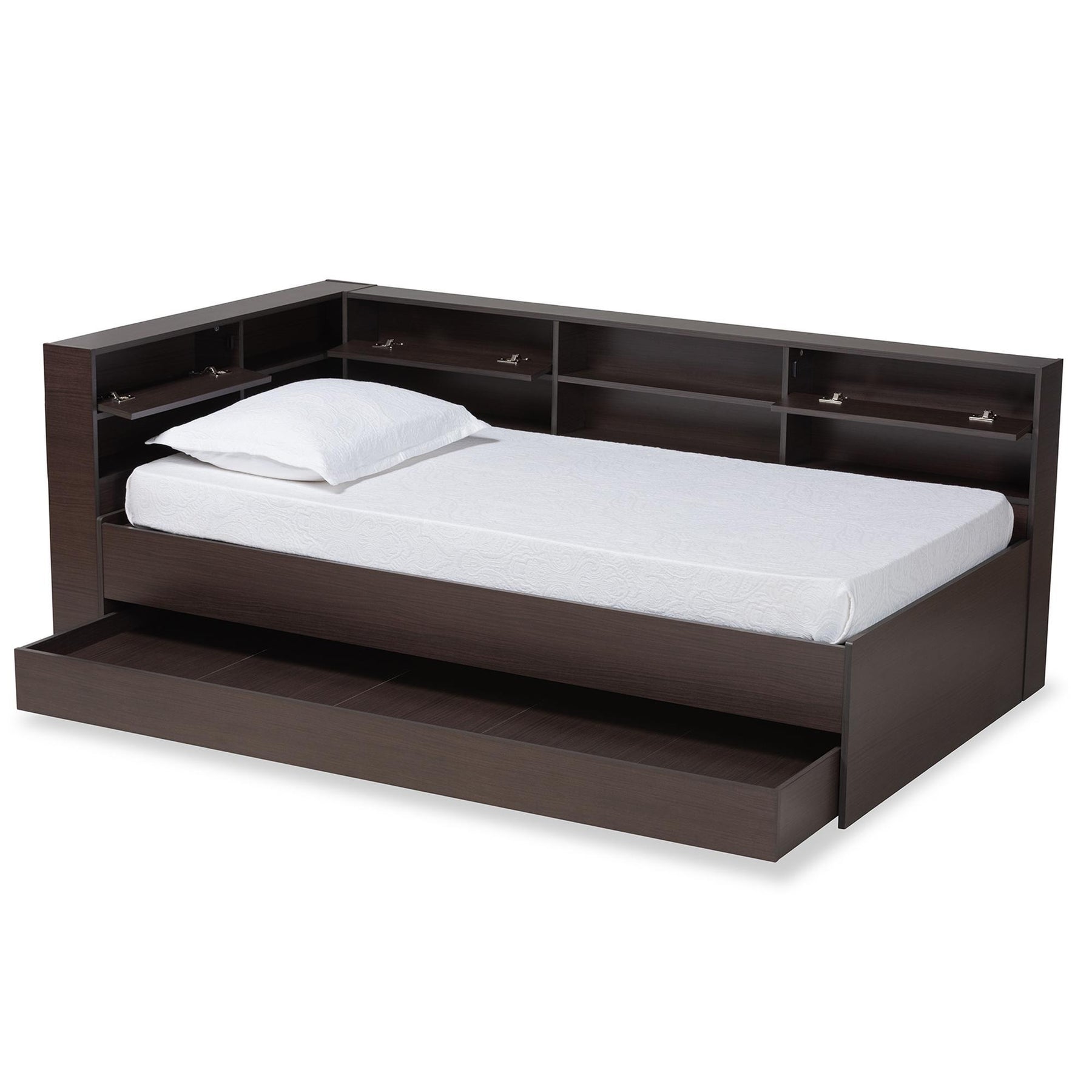 Baxton Studio Faraday Modern And Contemporary Dark Brown Finished Wood Twin Size Platform Storage Corner Bed - SEBED1302718-Modi Wenge-Twin