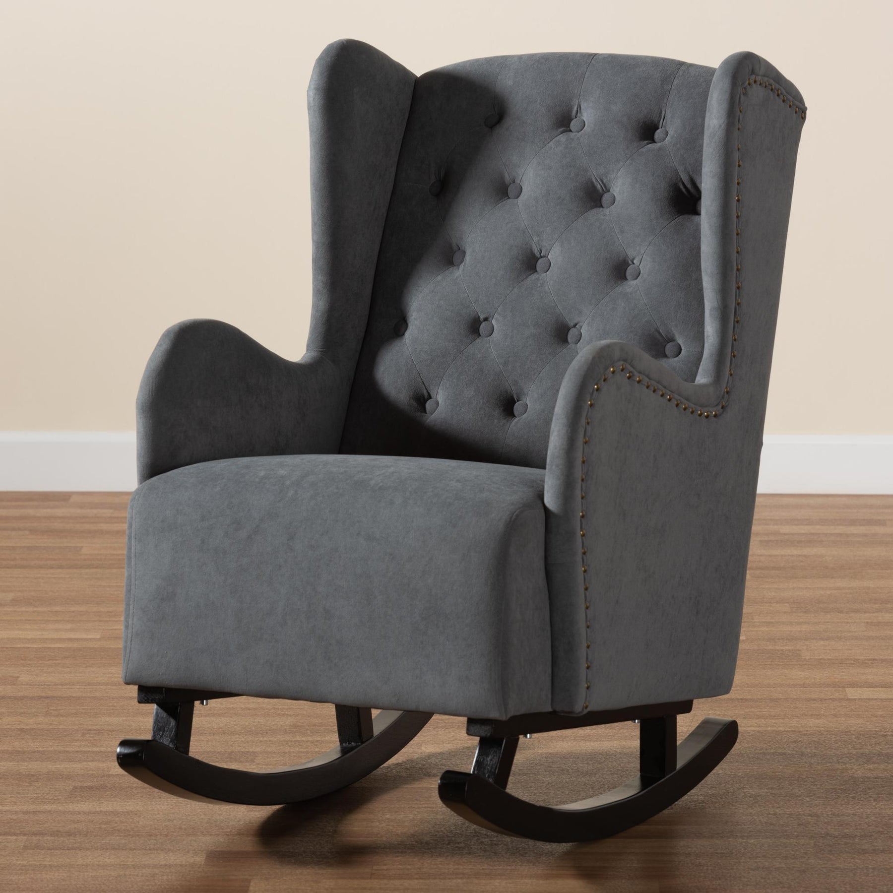 Baxton Studio Jamir Classic And Traditional Grey Fabric Upholstered And Dark Brown Finished Wood Rocking Chair - HH-036-Velvet Grey-Rocking Chair