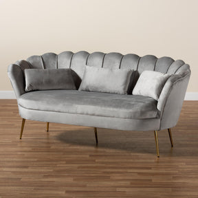 Baxton Studio Genia Contemporary Glam And Luxe Grey Velvet Fabric Upholstered And Gold Metal Sofa - DC-02T-Shiny Velvet Light Grey-Sofa