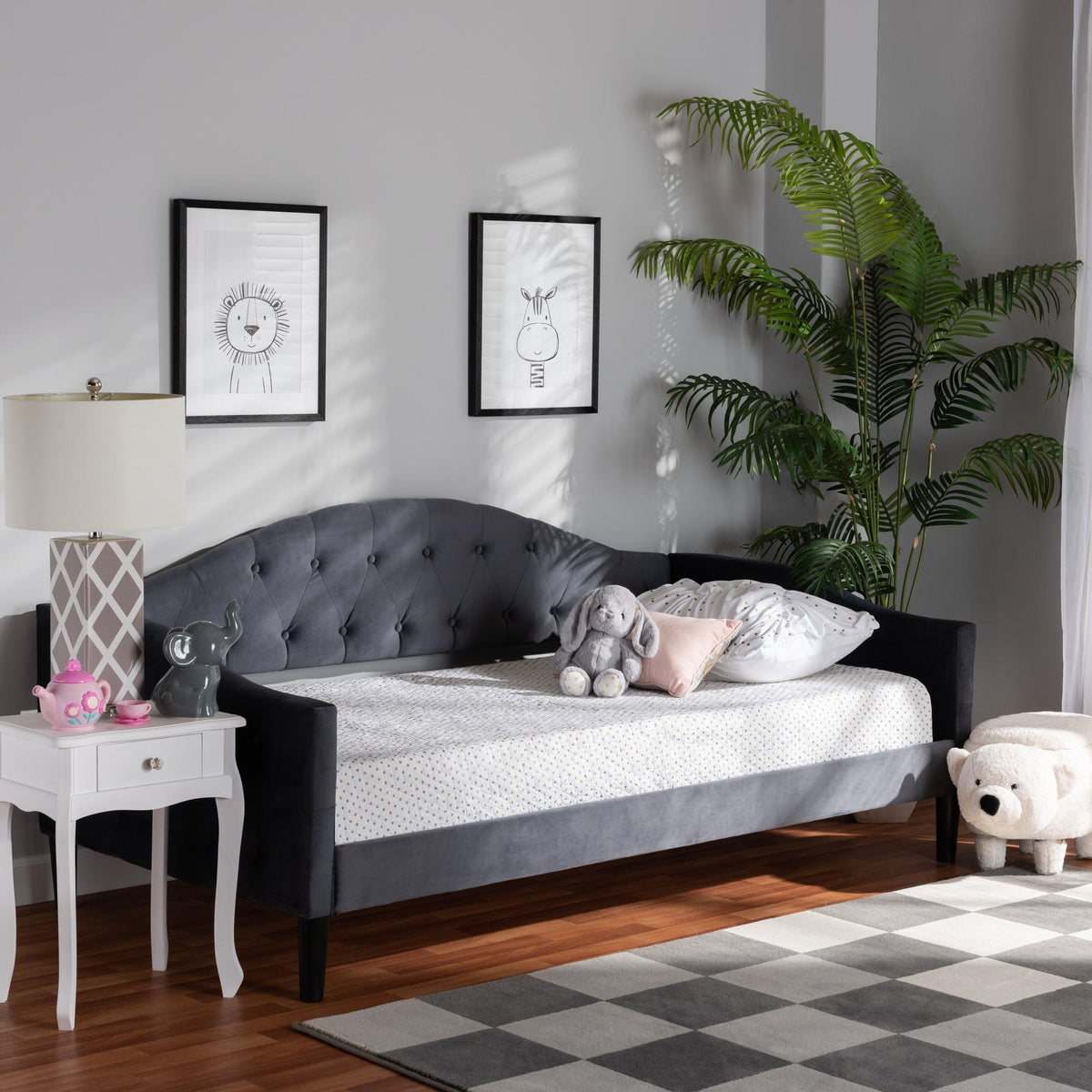 Baxton Studio Benjamin Modern And Contemporary Grey Velvet Fabric Upholstered And Dark Brown Finished Wood Full Size Daybed - Benjamin-Grey Velvet-Daybed-Full