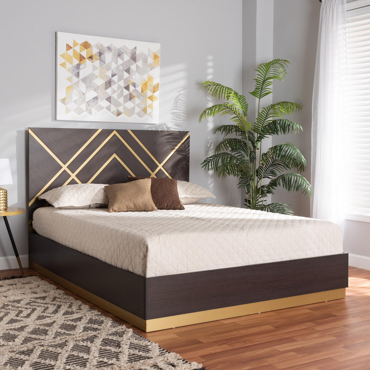 Baxton Studio Arcelia Contemporary Glam And Luxe Two-Tone Dark Brown And Gold Finished Wood Queen Size Platform Bed - SEBED13032026-Modi Wenge/Gold-Queen