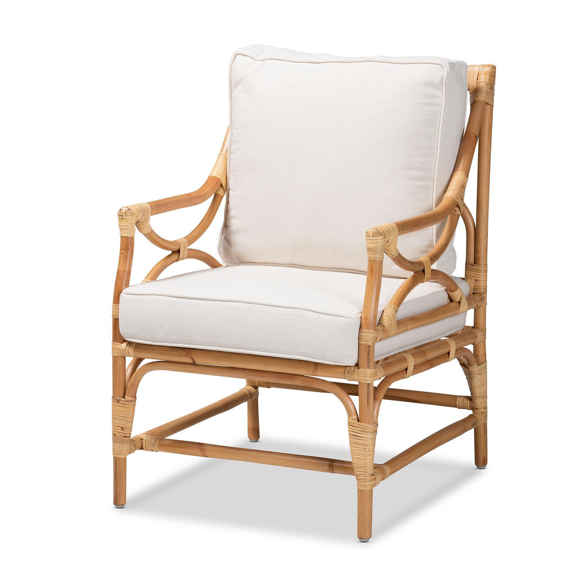 Baxton Studio Brandon Modern Bohemian White Fabric Upholstered And Natural Brown Rattan Armchair - Brandon-Rattan-Armchair