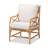 Baxton Studio Brandon Modern Bohemian White Fabric Upholstered And Natural Brown Rattan Armchair - Brandon-Rattan-Armchair