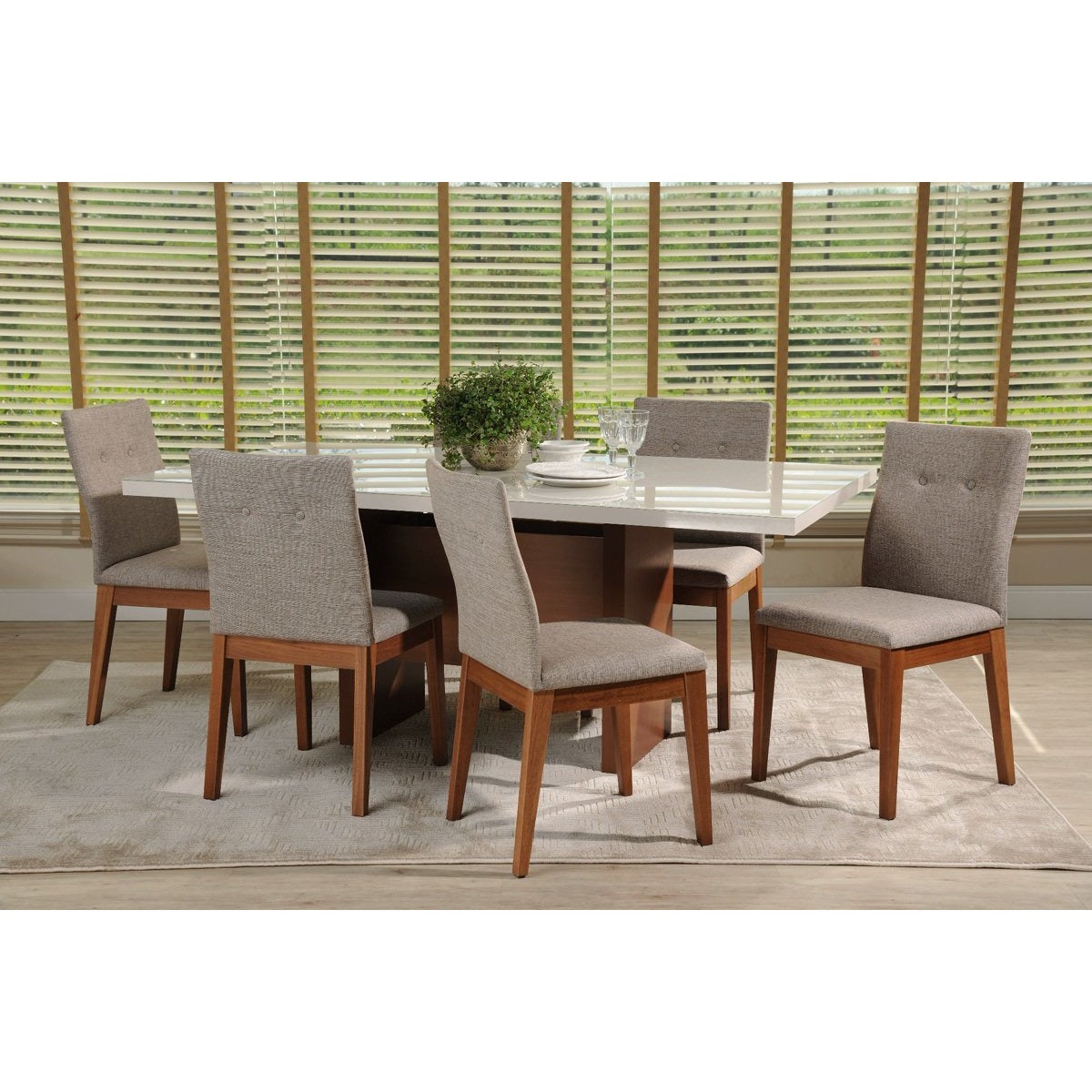 Manhattan Comfort 7-Piece Dover 72.04" and Leroy Dining Set with 6 Dining Chairs in White Gloss and Grey-Minimal & Modern