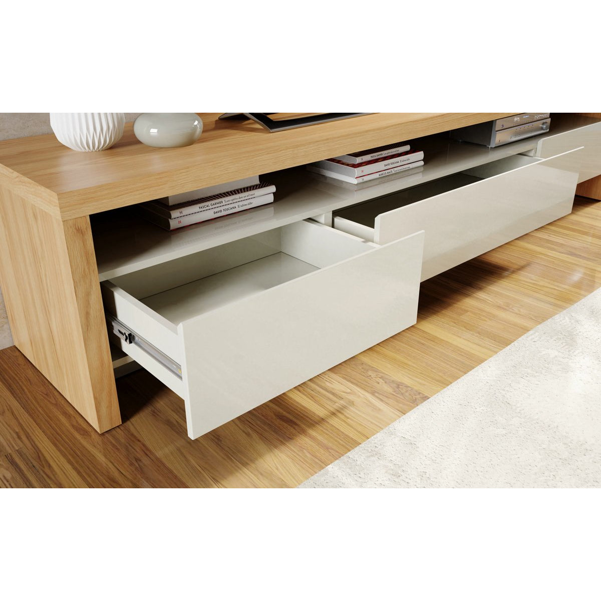 Manhattan Comfort 2-Piece Sylvan 70.86" TV Stand and Panel with LED Lights in Nature Wood and Off White-Minimal & Modern