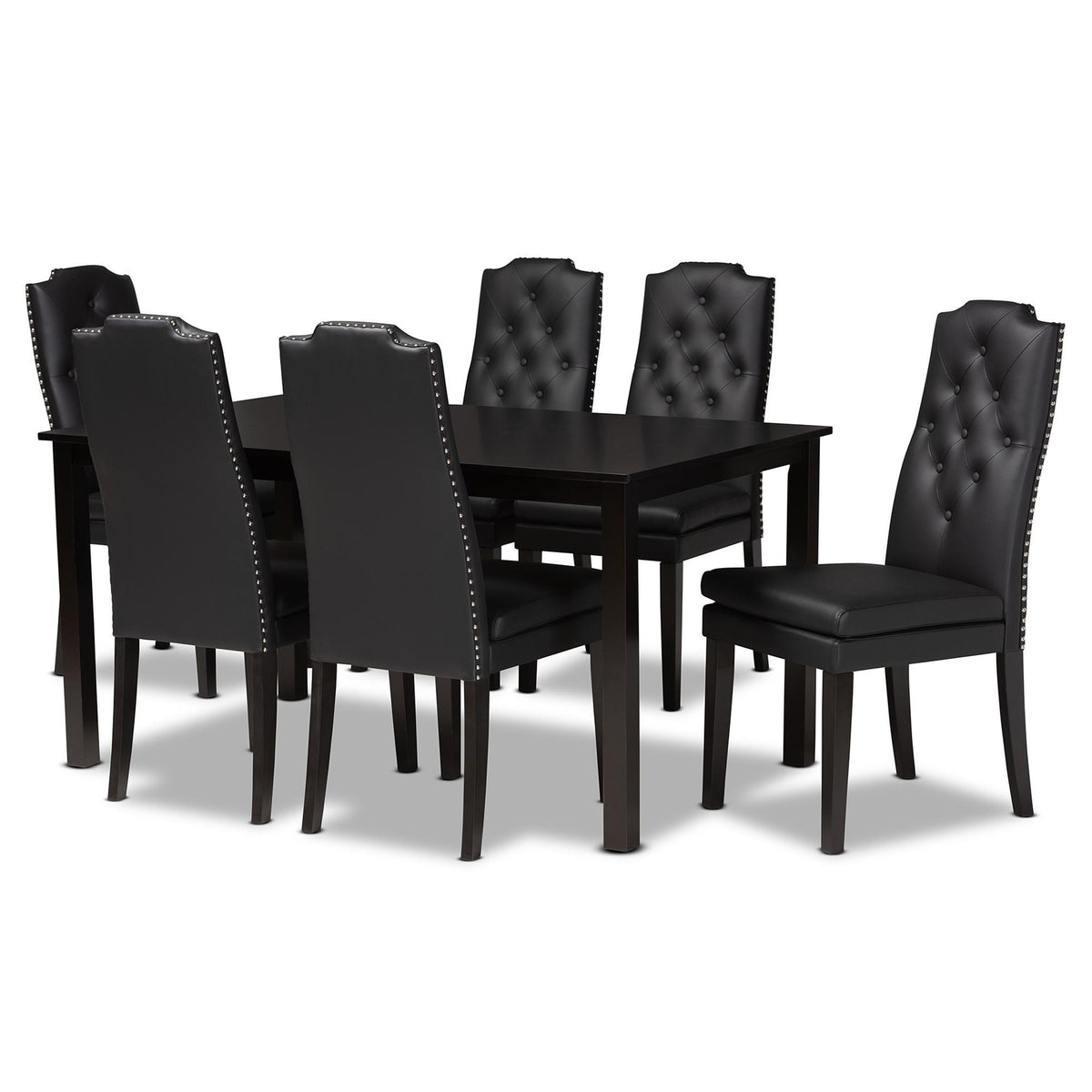 Baxton Studio Dylin Modern And Contemporary Black Faux Leather Upholstered And Dark Brown Finished Wood 7-Piece Dining Set - BBT5158-Black/Dark Brown-7PC Dining Set