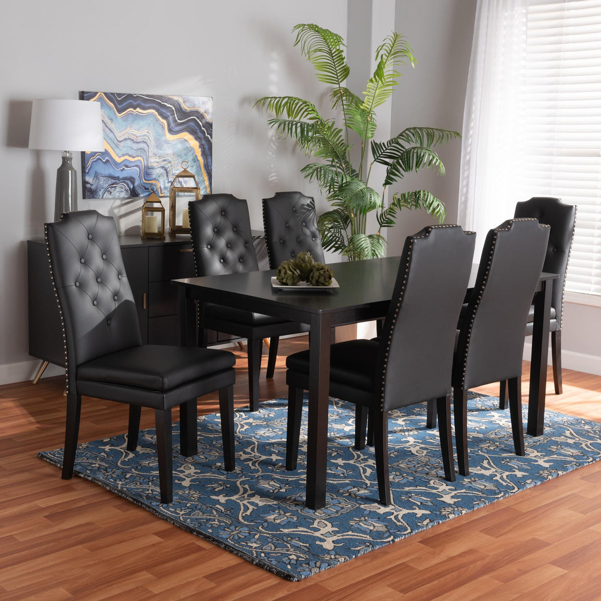 Baxton Studio Dylin Modern And Contemporary Black Faux Leather Upholstered And Dark Brown Finished Wood 7-Piece Dining Set - BBT5158-Black/Dark Brown-7PC Dining Set