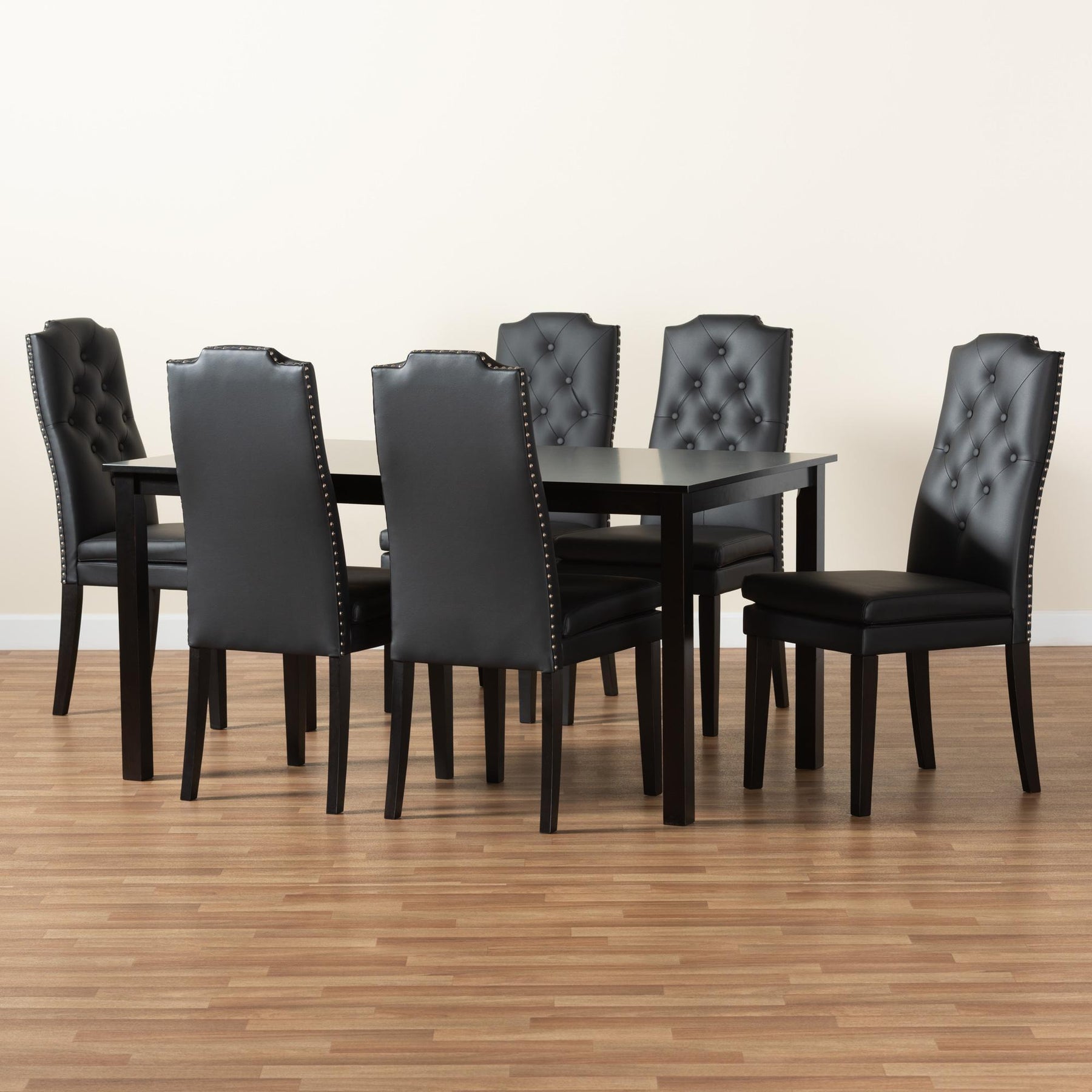 Baxton Studio Dylin Modern And Contemporary Black Faux Leather Upholstered And Dark Brown Finished Wood 7-Piece Dining Set - BBT5158-Black/Dark Brown-7PC Dining Set