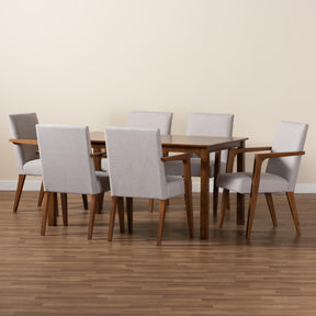 Baxton Studio Glenda Mid-Century Modern Greyish Beige Fabric Upholstered And Walnut Brown Finished Wood 7-Piece Dining Set - BBT5267-Greyish Beige/Walnut-7PC Dining Set