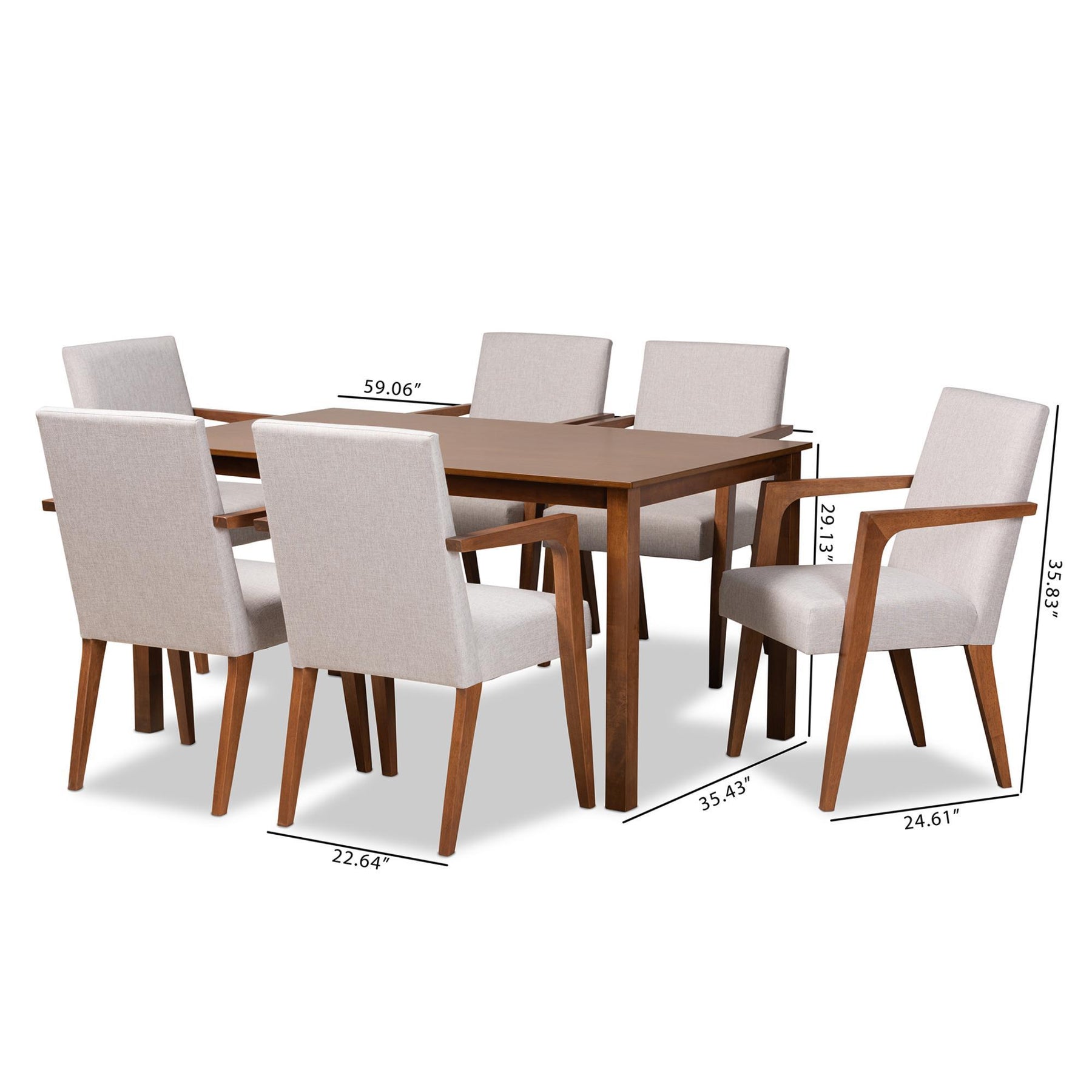 Baxton Studio Glenda Mid-Century Modern Greyish Beige Fabric Upholstered And Walnut Brown Finished Wood 7-Piece Dining Set - BBT5267-Greyish Beige/Walnut-7PC Dining Set