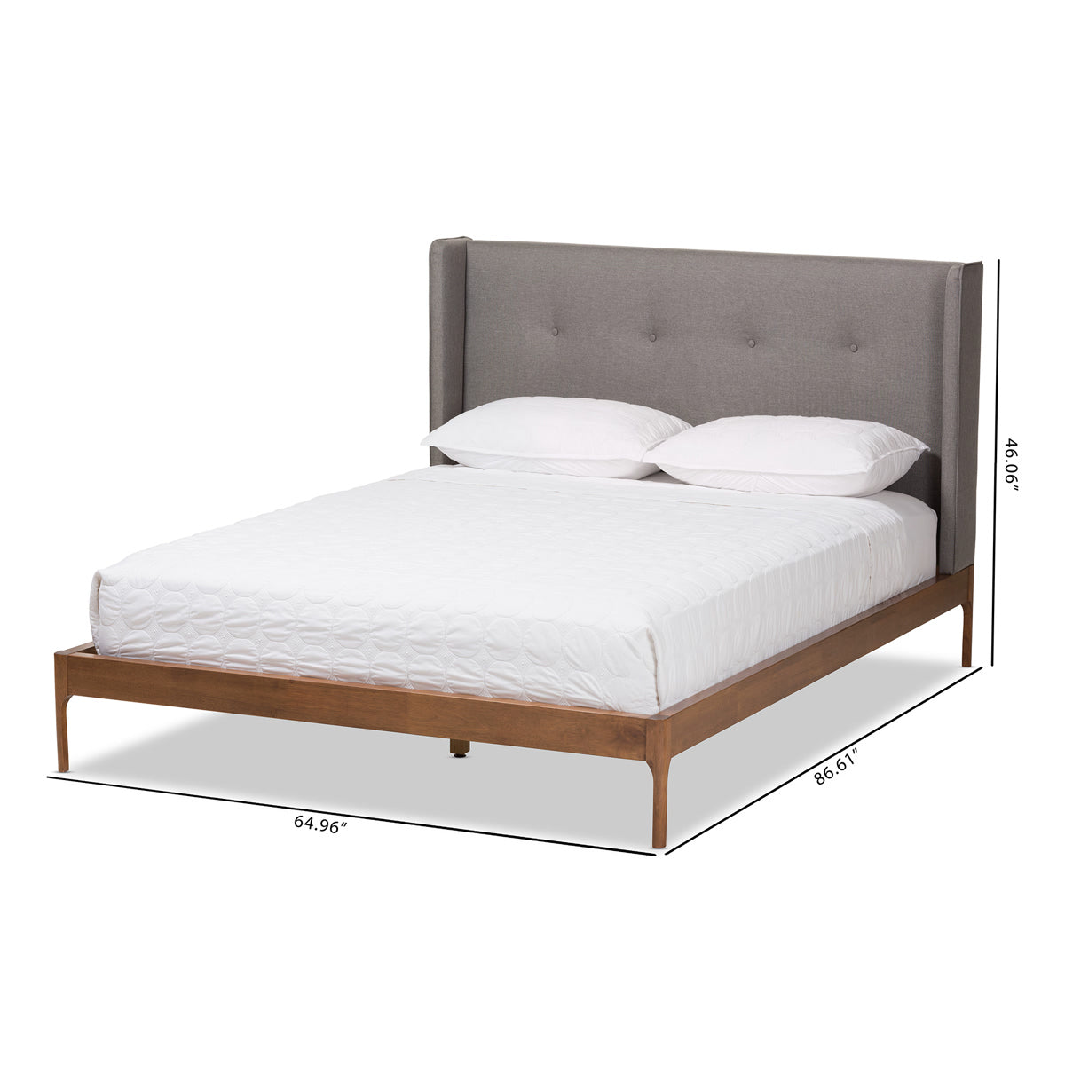 Baxton Studio Brooklyn Mid-Century Modern Walnut Wood Grey Fabric Queen Size Platform Bed Baxton Studio-Queen Bed-Minimal And Modern - 10