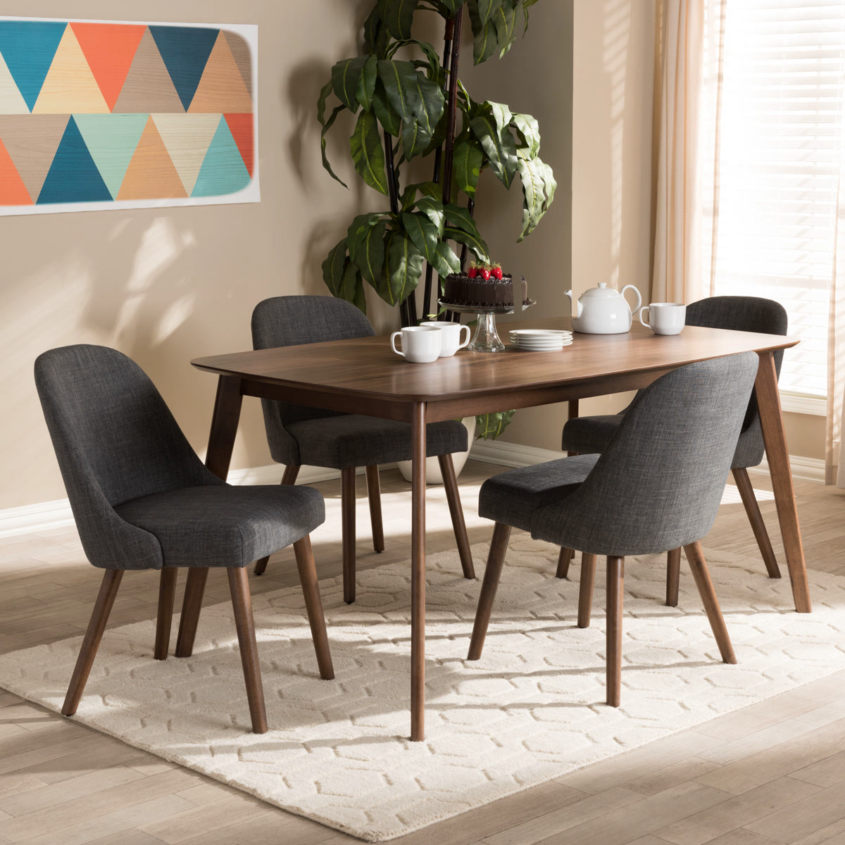 Baxton Studio Cody Mid-Century Modern Dark Grey Fabric Upholstered Walnut Finished Wood 5-Piece Dining Set Baxton Studio-0-Minimal And Modern - 4