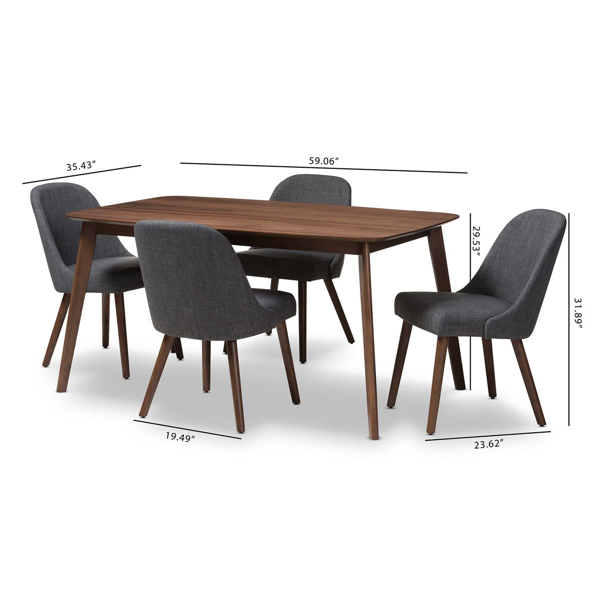 Baxton Studio Cody Mid-Century Modern Dark Grey Fabric Upholstered Walnut Finished Wood 5-Piece Dining Set Baxton Studio-0-Minimal And Modern - 6