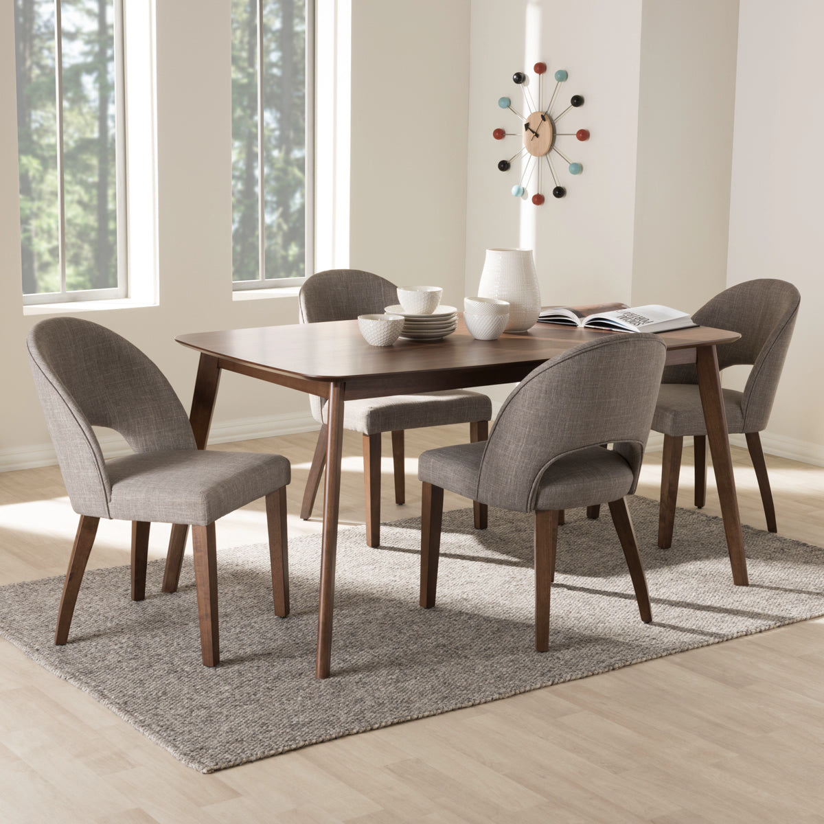 Baxton Studio Wesley Mid-Century Modern Light Grey Fabric Upholstered Walnut Finished Wood 5-Piece Dining Set Baxton Studio-0-Minimal And Modern - 4