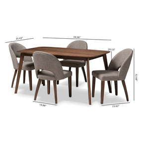 Baxton Studio Wesley Mid-Century Modern Light Grey Fabric Upholstered Walnut Finished Wood 5-Piece Dining Set Baxton Studio-0-Minimal And Modern - 6