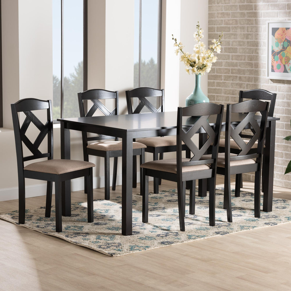 Baxton Studio Ruth Sand Fabric Upholstered And Dark Brown Finished Wood 7-Piece Dining Set - Ruth-Sand/Dark Brown-7PC Dining Set