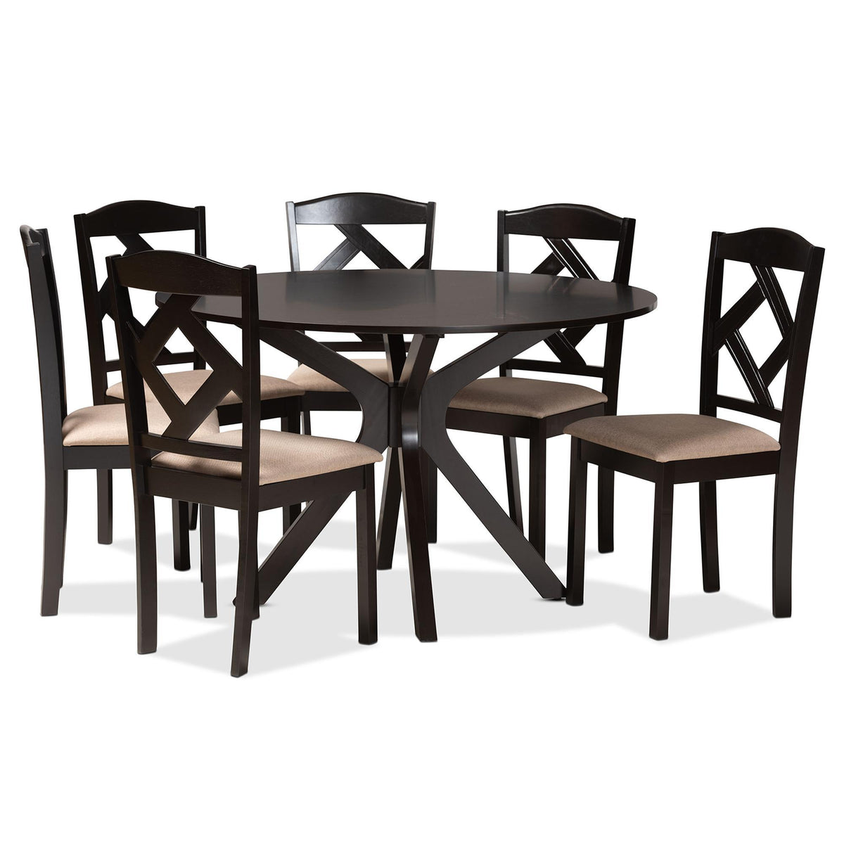 Baxton Studio Carlin Sand Fabric Upholstered And Dark Brown Finished Wood 7-Piece Dining Set - Carlin-Sand/Dark Brown-7PC Dining Set