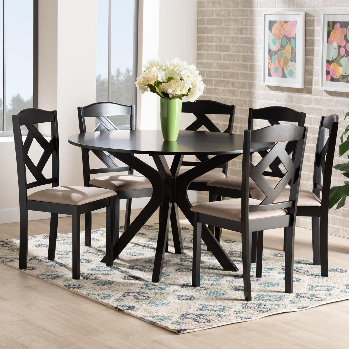 Baxton Studio Carlin Sand Fabric Upholstered And Dark Brown Finished Wood 7-Piece Dining Set - Carlin-Sand/Dark Brown-7PC Dining Set