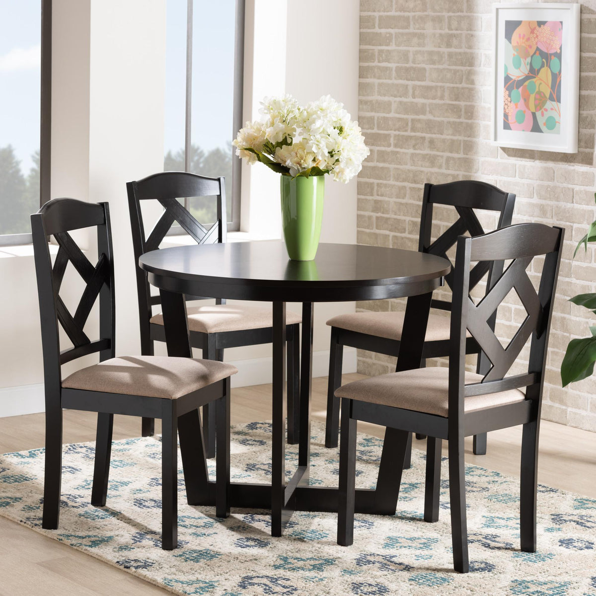 Baxton Studio Morigan Sand Fabric Upholstered And Dark Brown Finished Wood 5-Piece Dining Set - Morigan-Sand/Dark Brown-5PC Dining Set