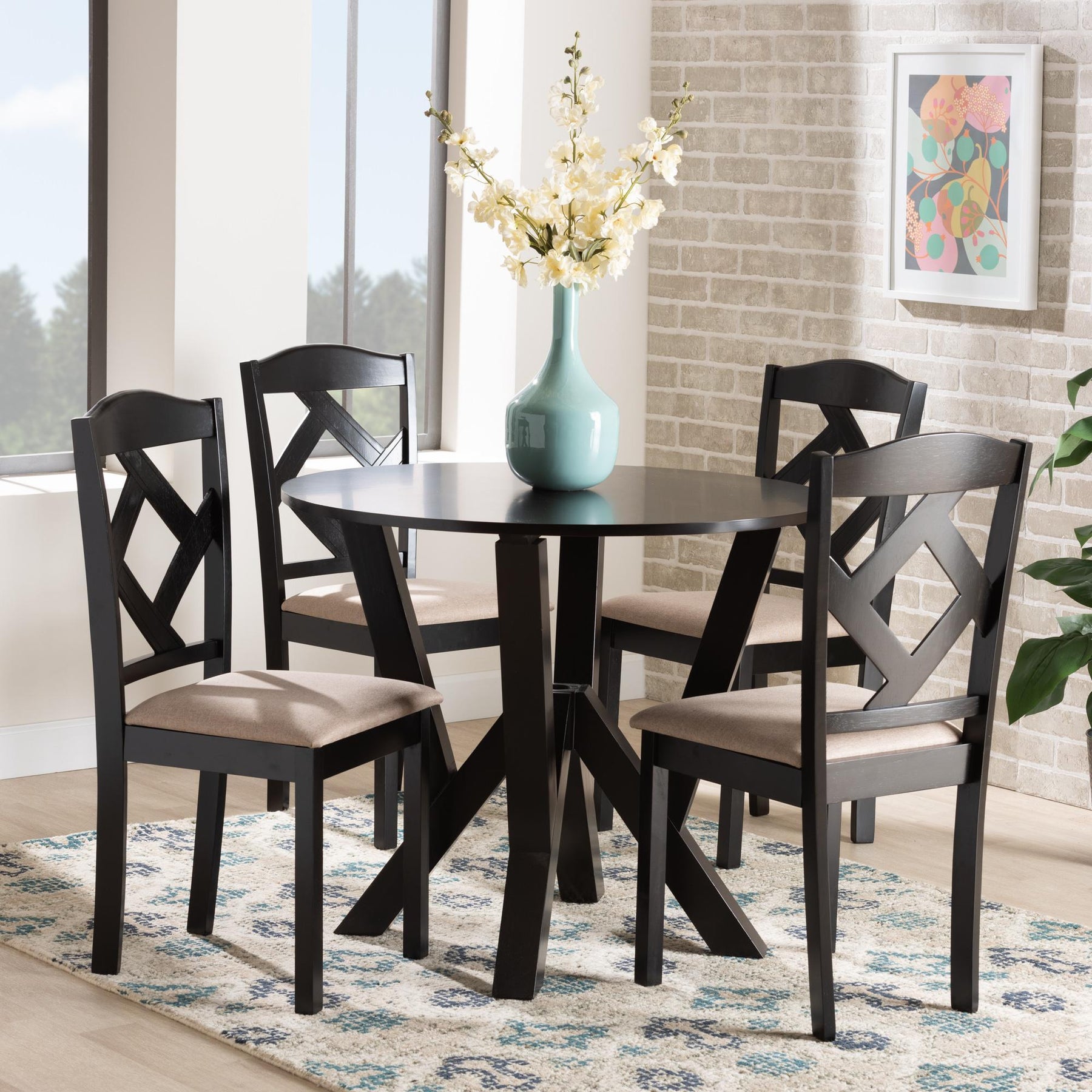 Baxton Studio Riona Sand Fabric Upholstered And Dark Brown Finished Wood 5-Piece Dining Set - Riona-Sand/Dark Brown-5PC Dining Set