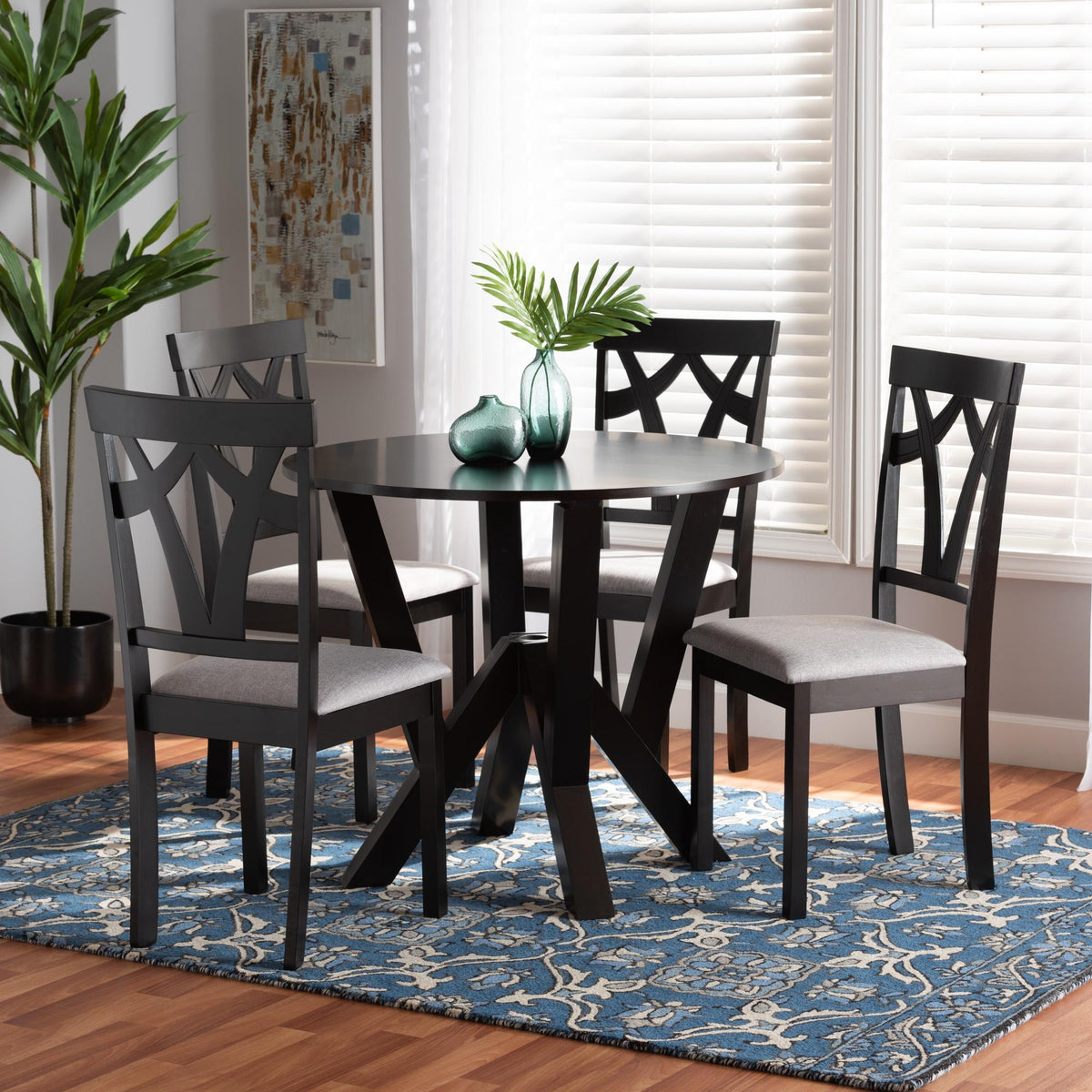 Baxton Studio Branca Modern And Contemporary Grey Fabric Upholstered And Dark Brown Finished Wood 5-Piece Dining Set - Branca-Grey/Dark Brown-5PC Dining Set