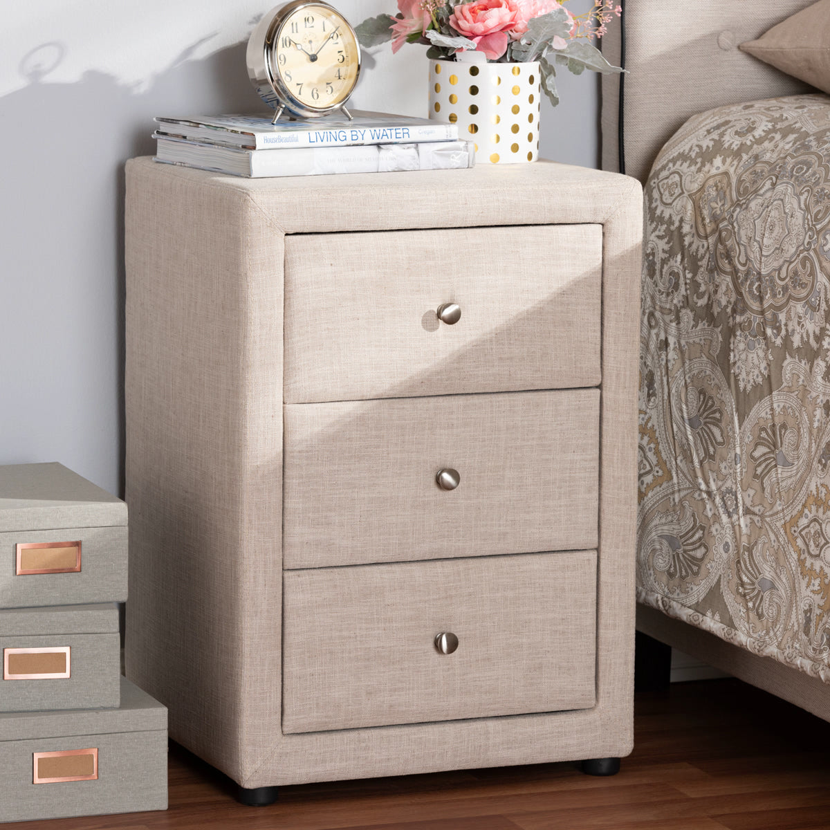 Baxton Studio Tessa Modern and Contemporary Beige Fabric Upholstered 3-Drawer Nightstand Baxton Studio-nightstands-Minimal And Modern - 7