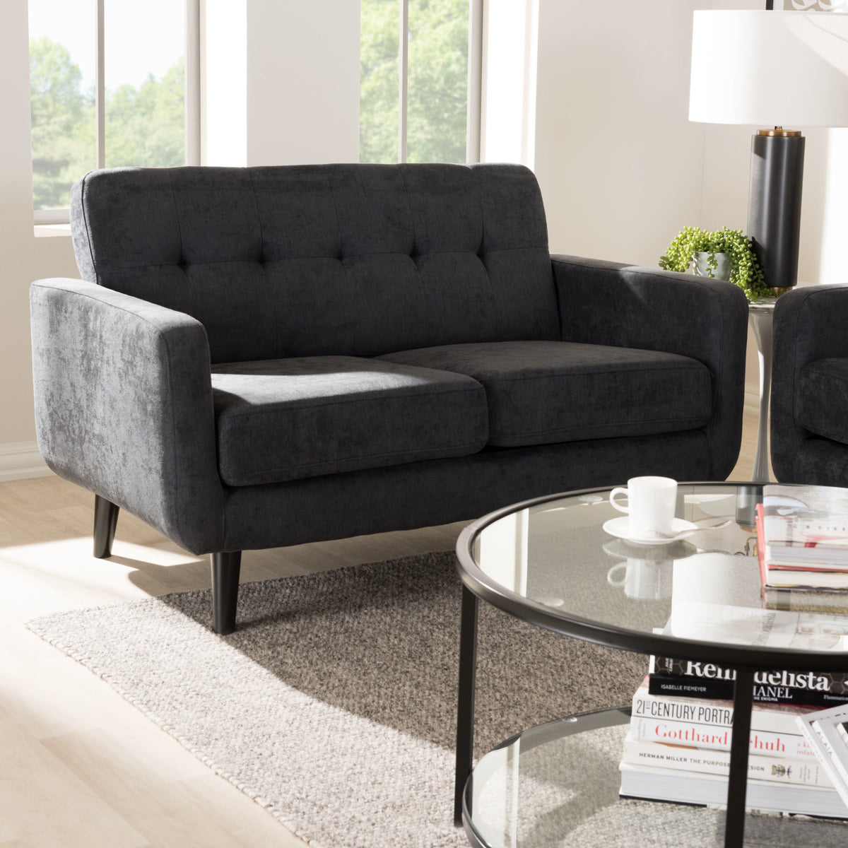 Baxton Studio Carina Mid-Century Modern Dark Grey Fabric Upholstered Loveseat Baxton Studio-sofas-Minimal And Modern - 7